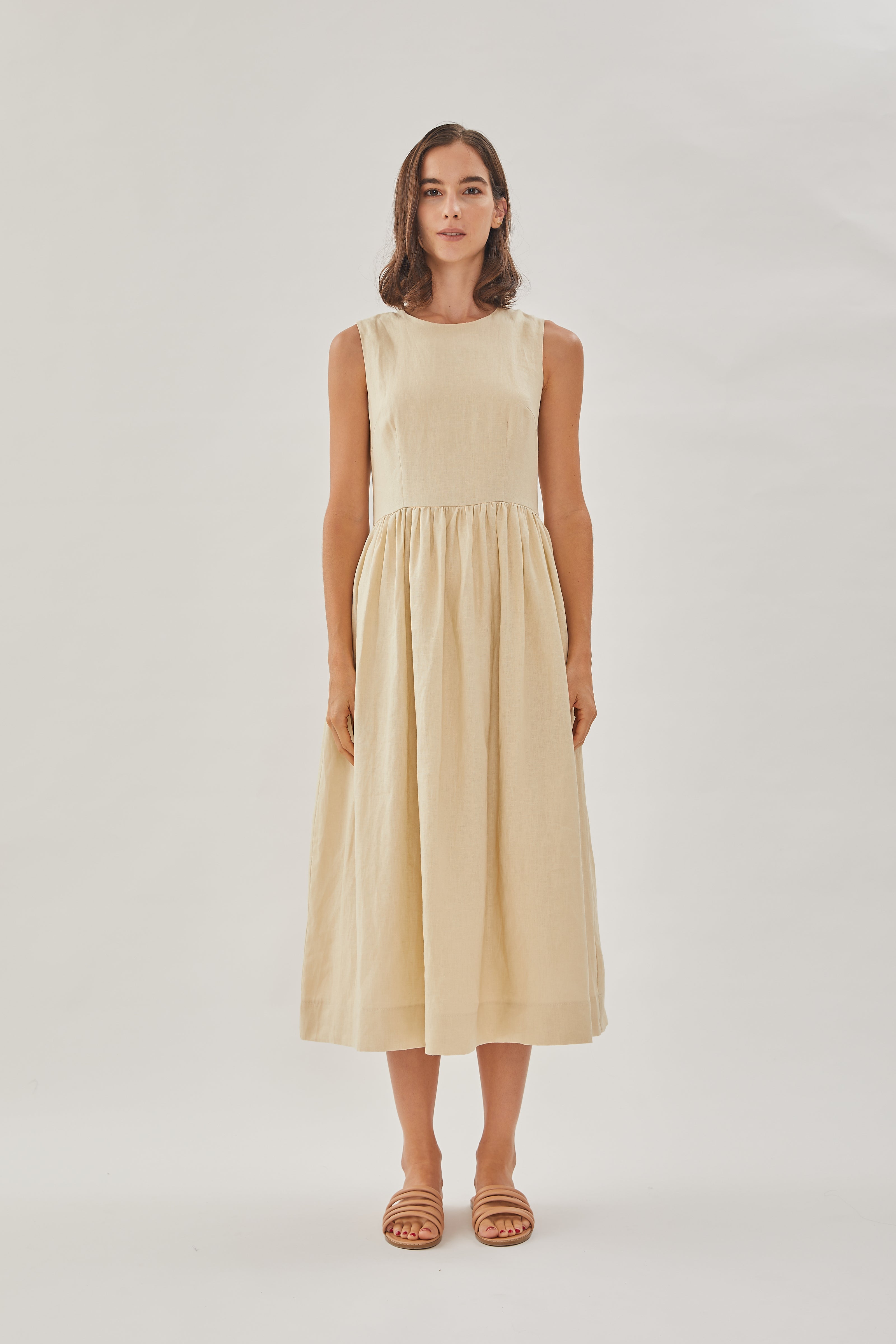 Linen Sleeveless Gathered Dress in Sand