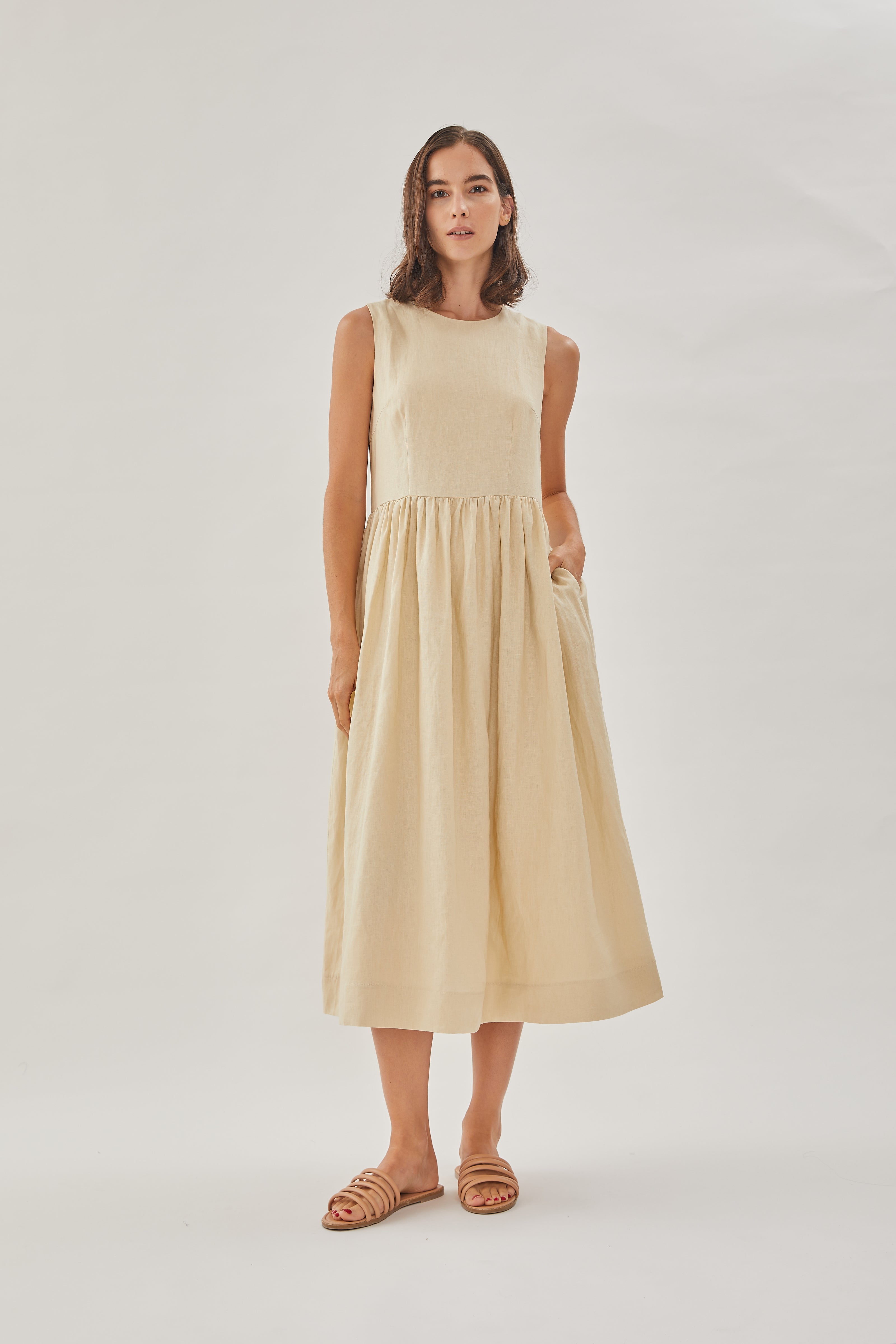 Linen Sleeveless Gathered Dress in Sand