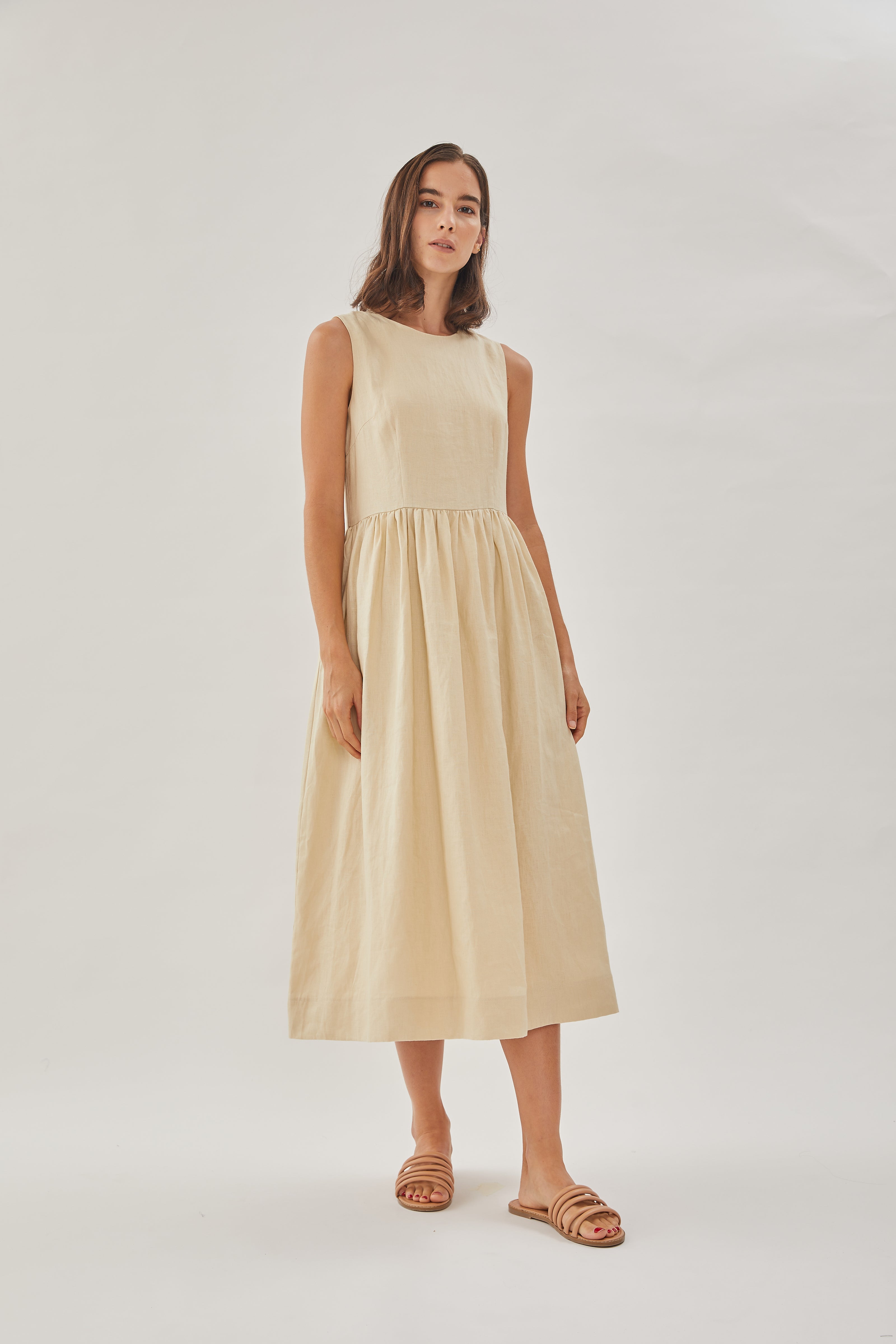 Linen Sleeveless Gathered Dress in Sand