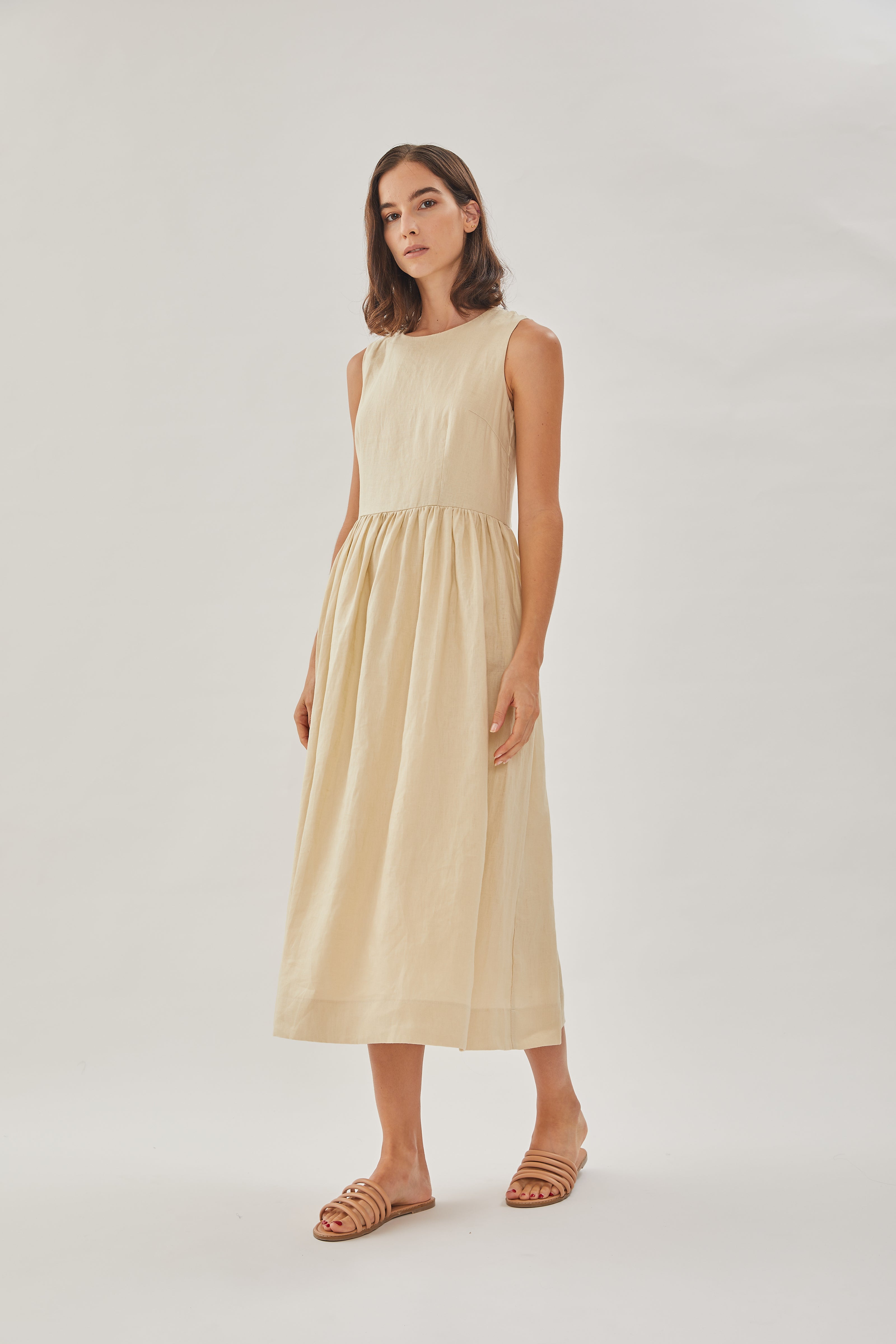 Linen Sleeveless Gathered Dress in Sand