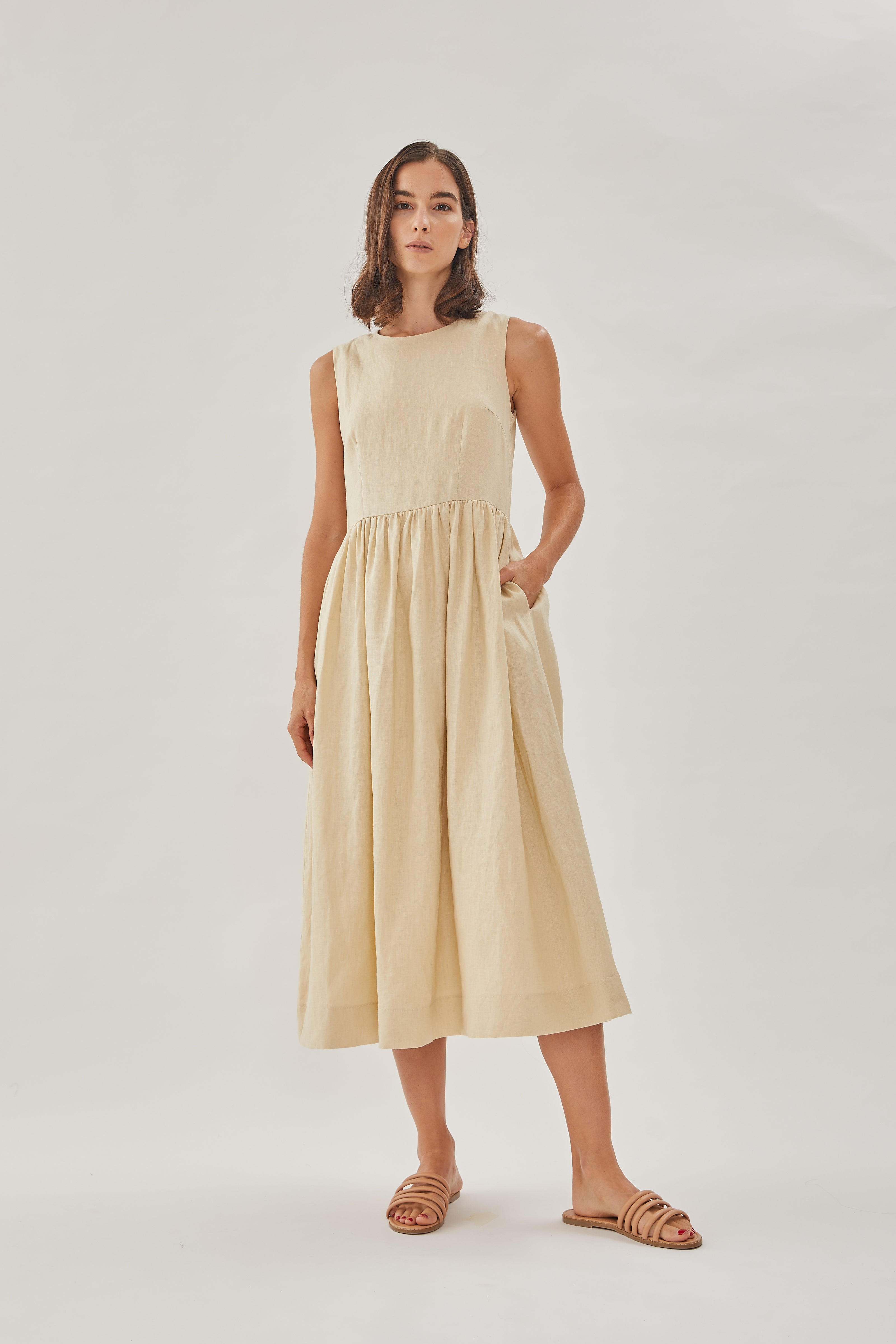 Linen Sleeveless Gathered Dress in Sand