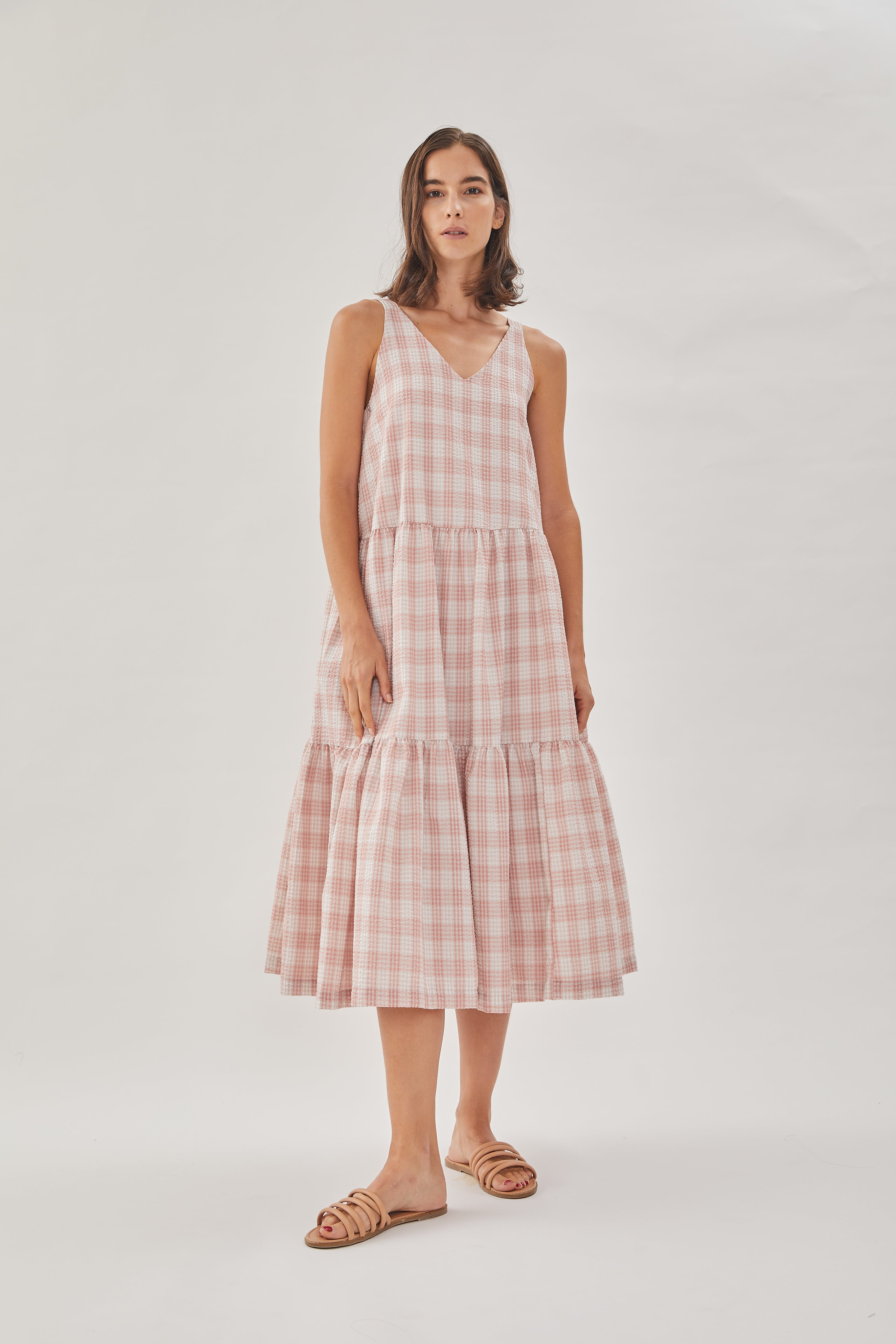 Sleeveless Seersucker Tiered Dress in Shell Pink