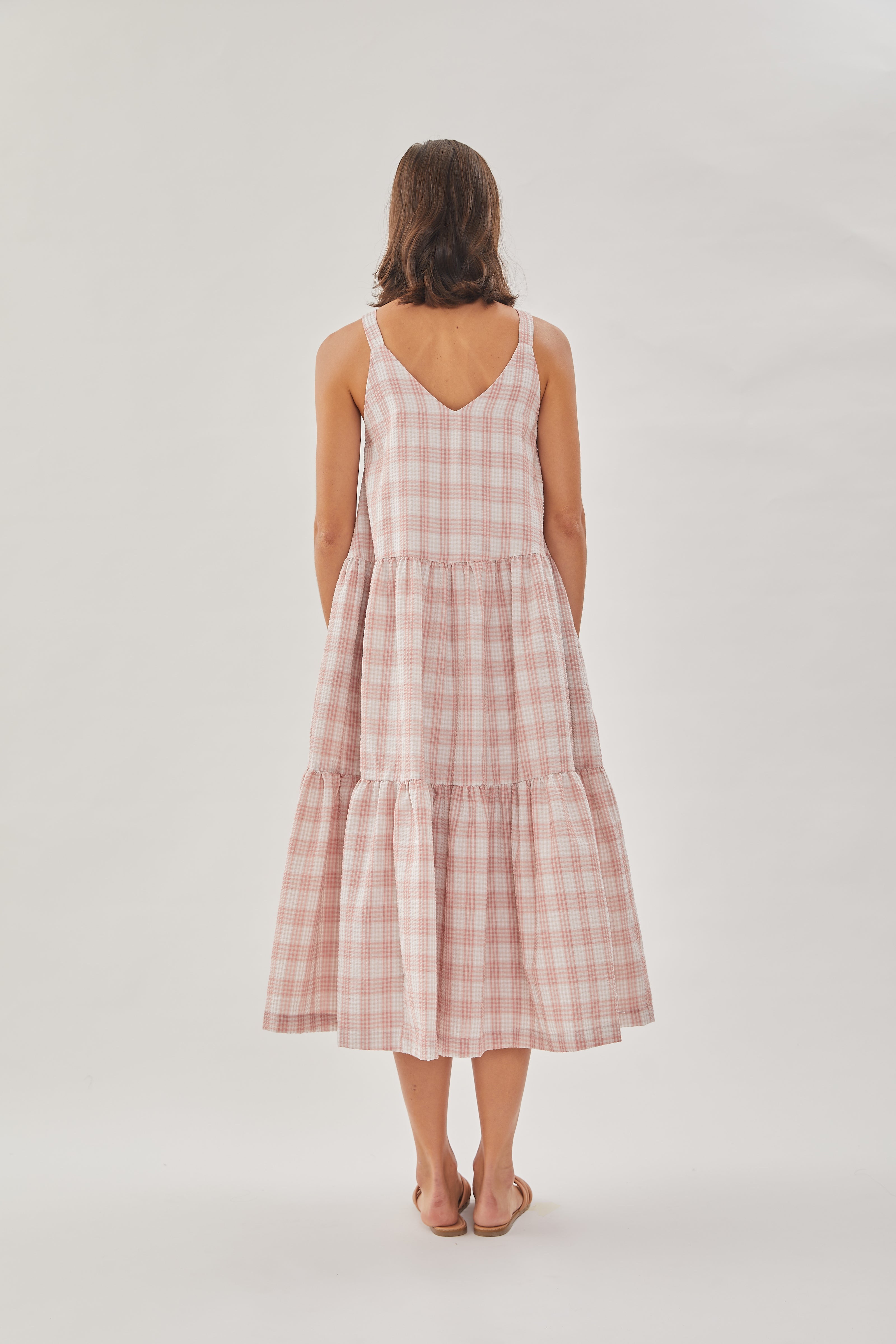 Sleeveless Seersucker Tiered Dress in Shell Pink