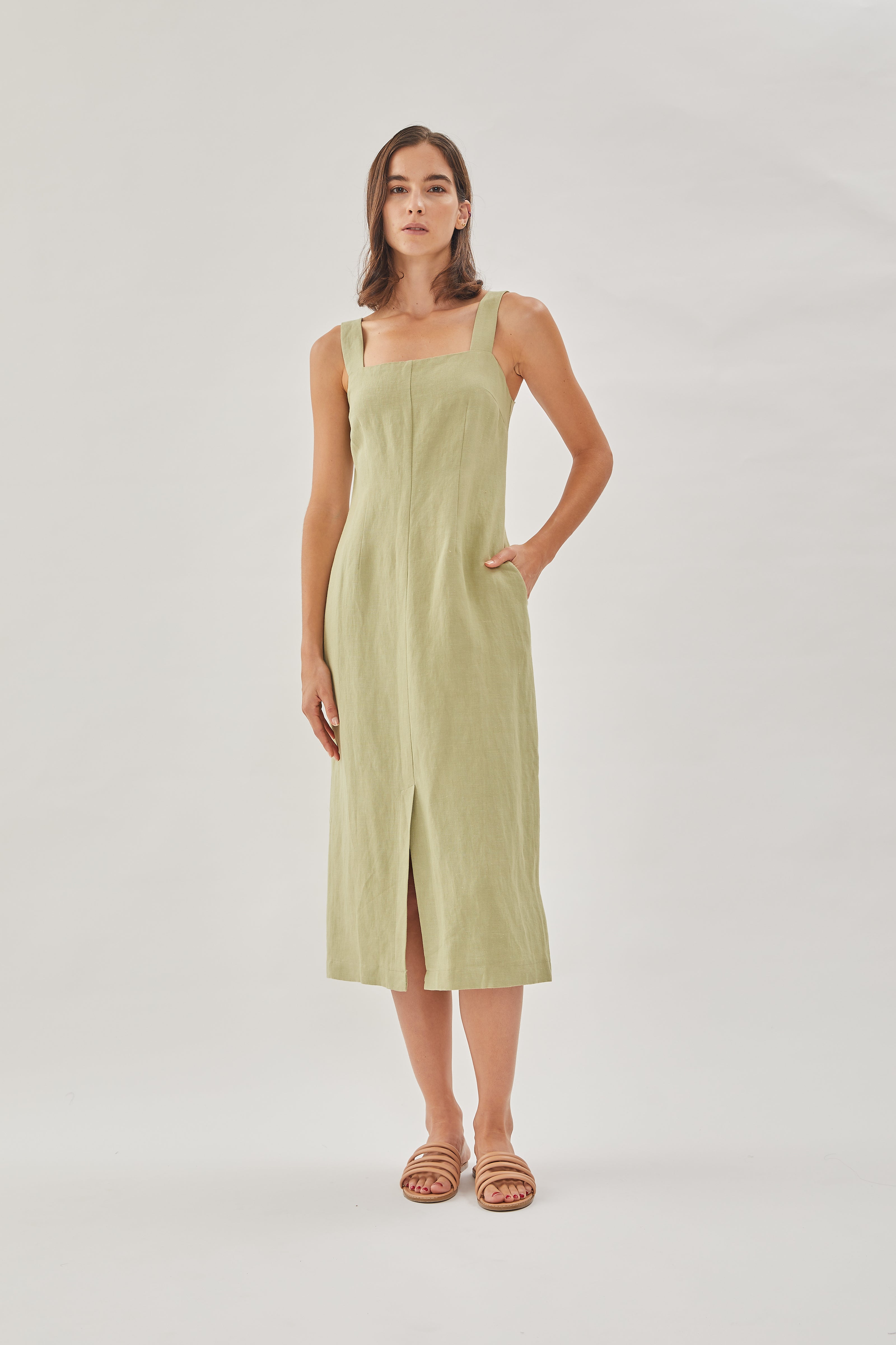 Square Neck Sleeveless Midi Dress in Moss