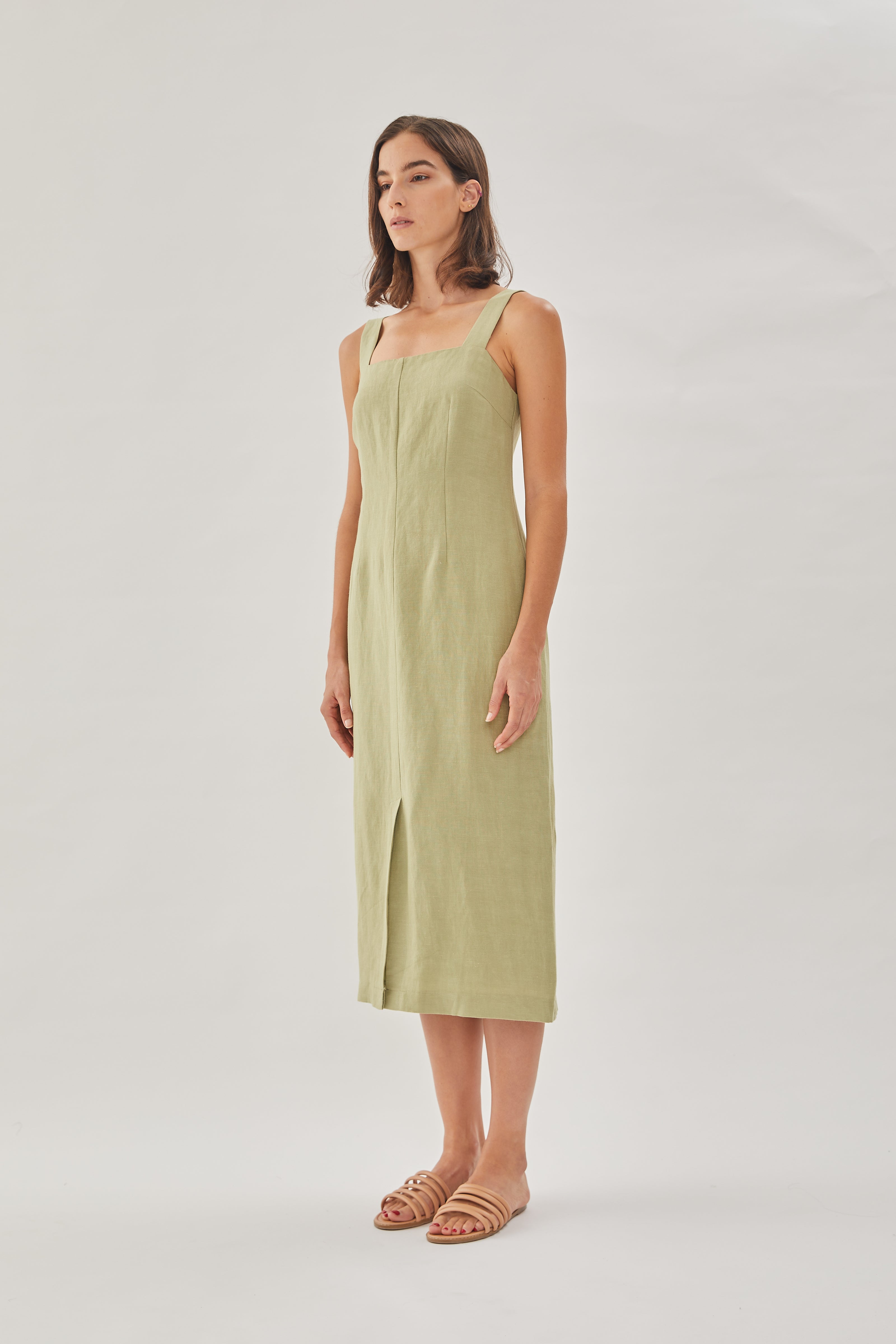 Square Neck Sleeveless Midi Dress in Moss