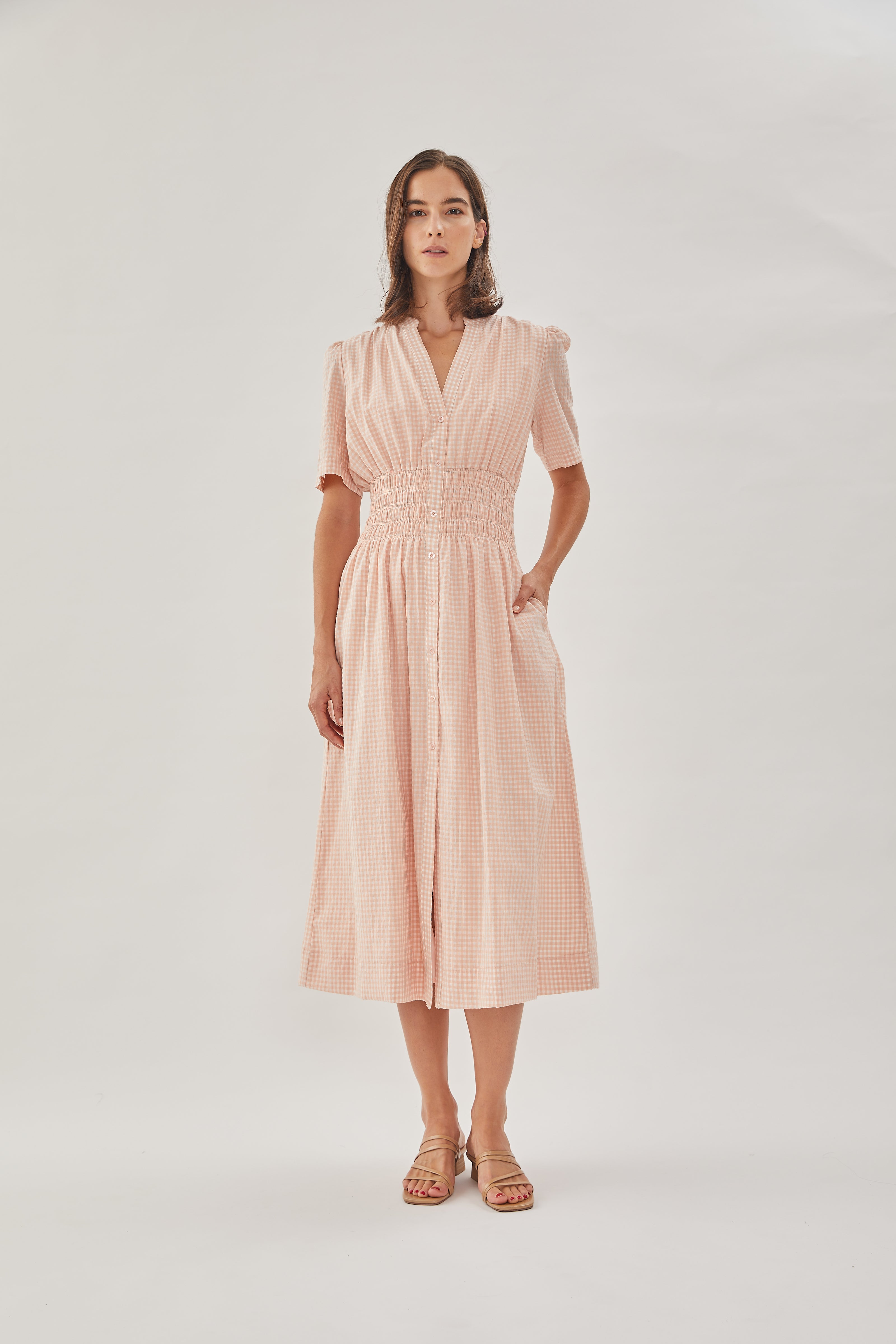 Shirred Shirt Dress in Peach