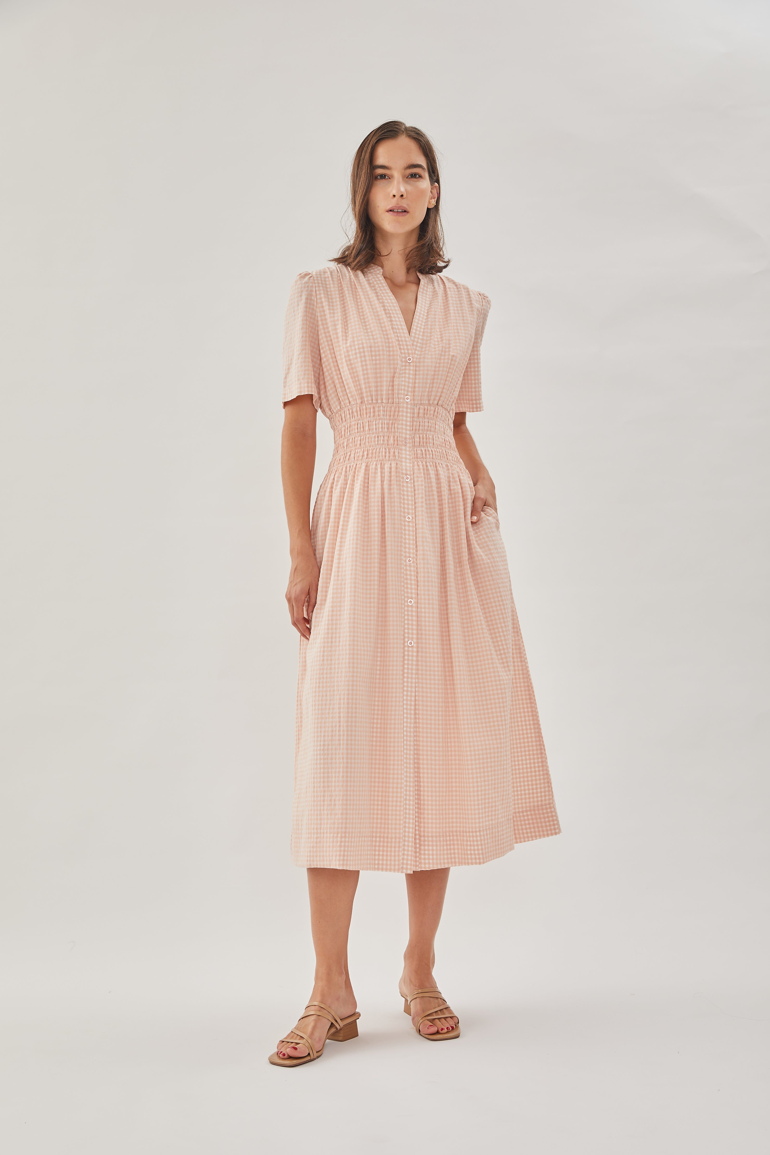 Shirred Shirt Dress in Peach