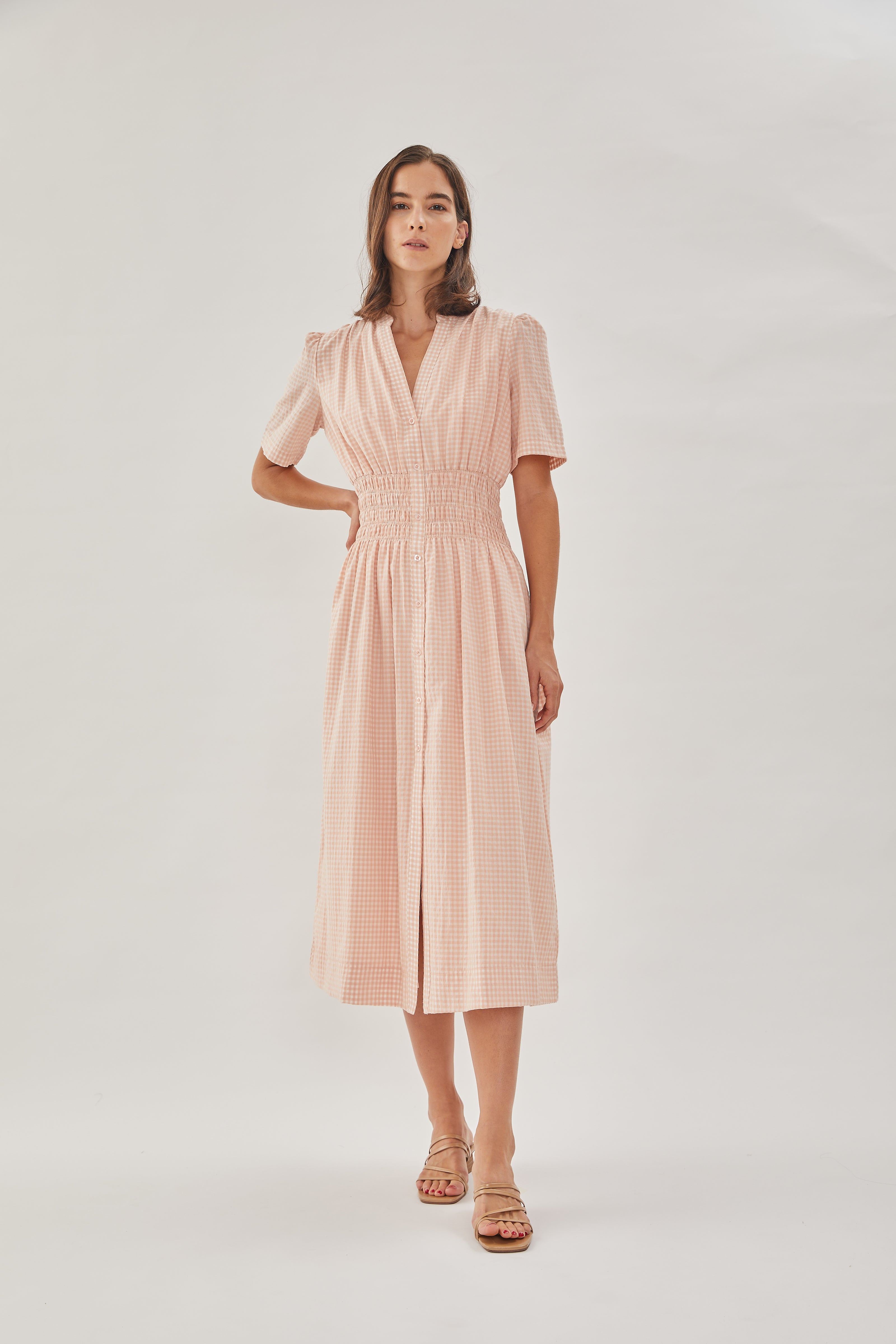 Shirred Shirt Dress in Peach