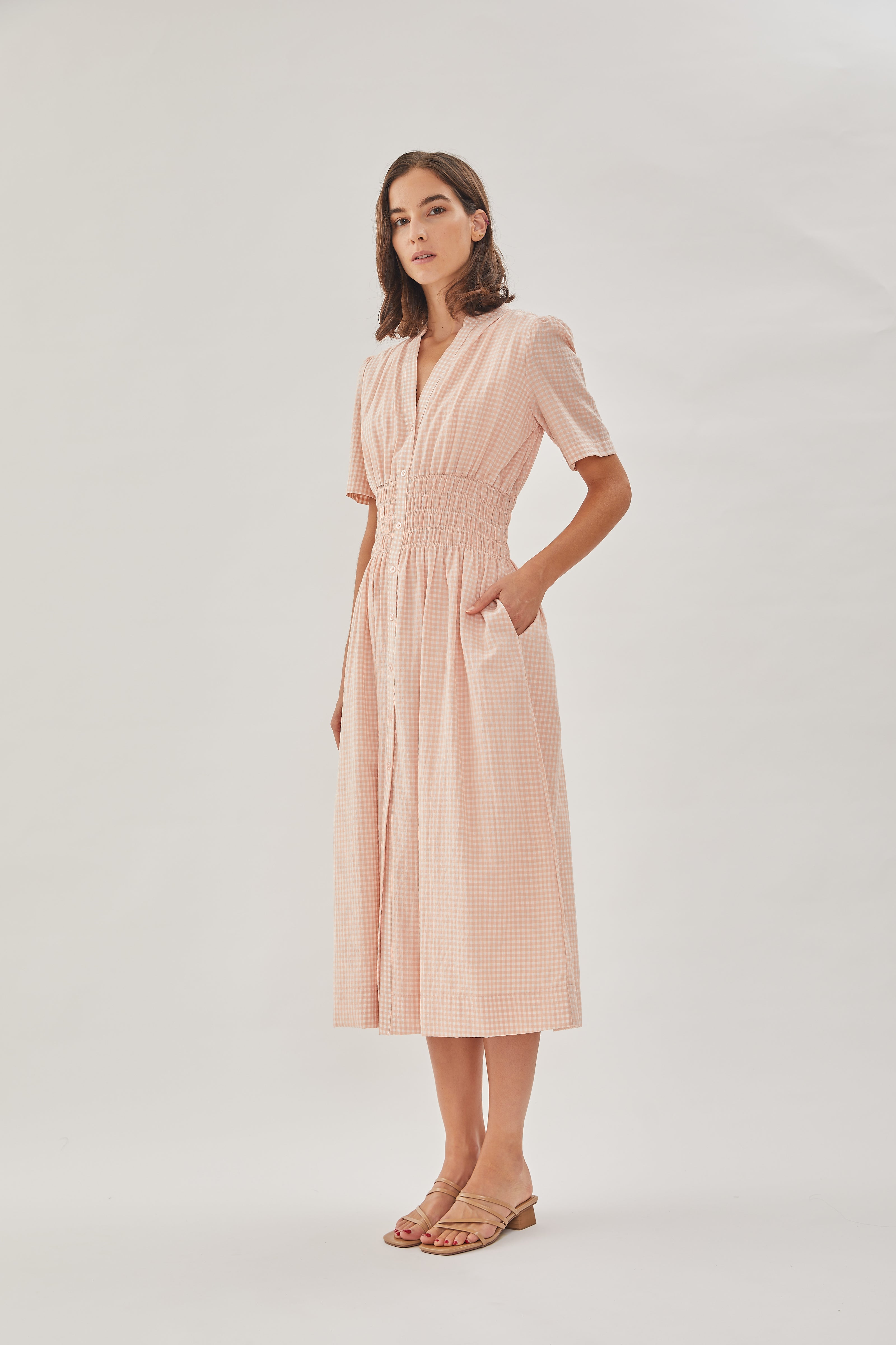 Shirred Shirt Dress in Peach