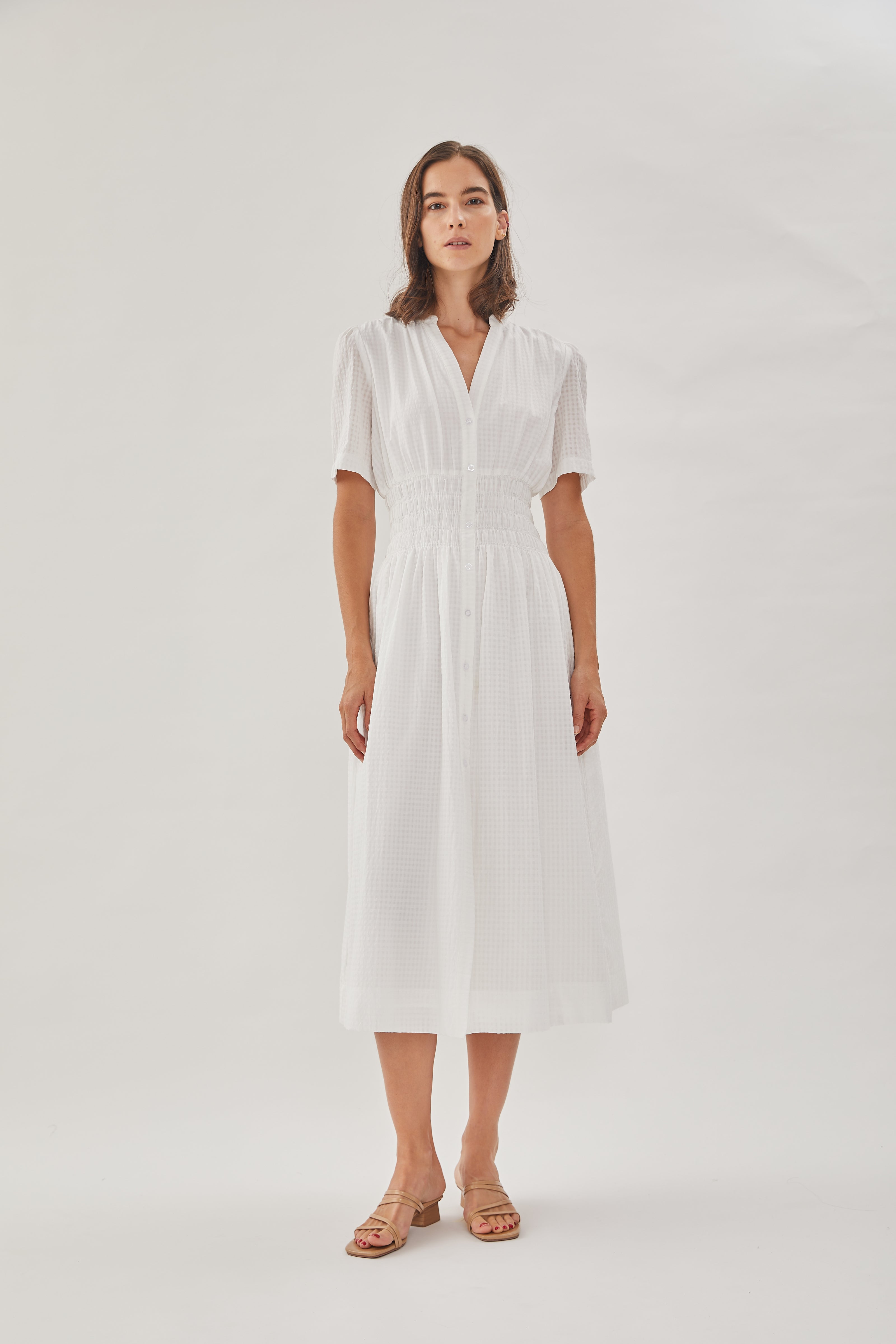 Shirred Shirt Dress in White