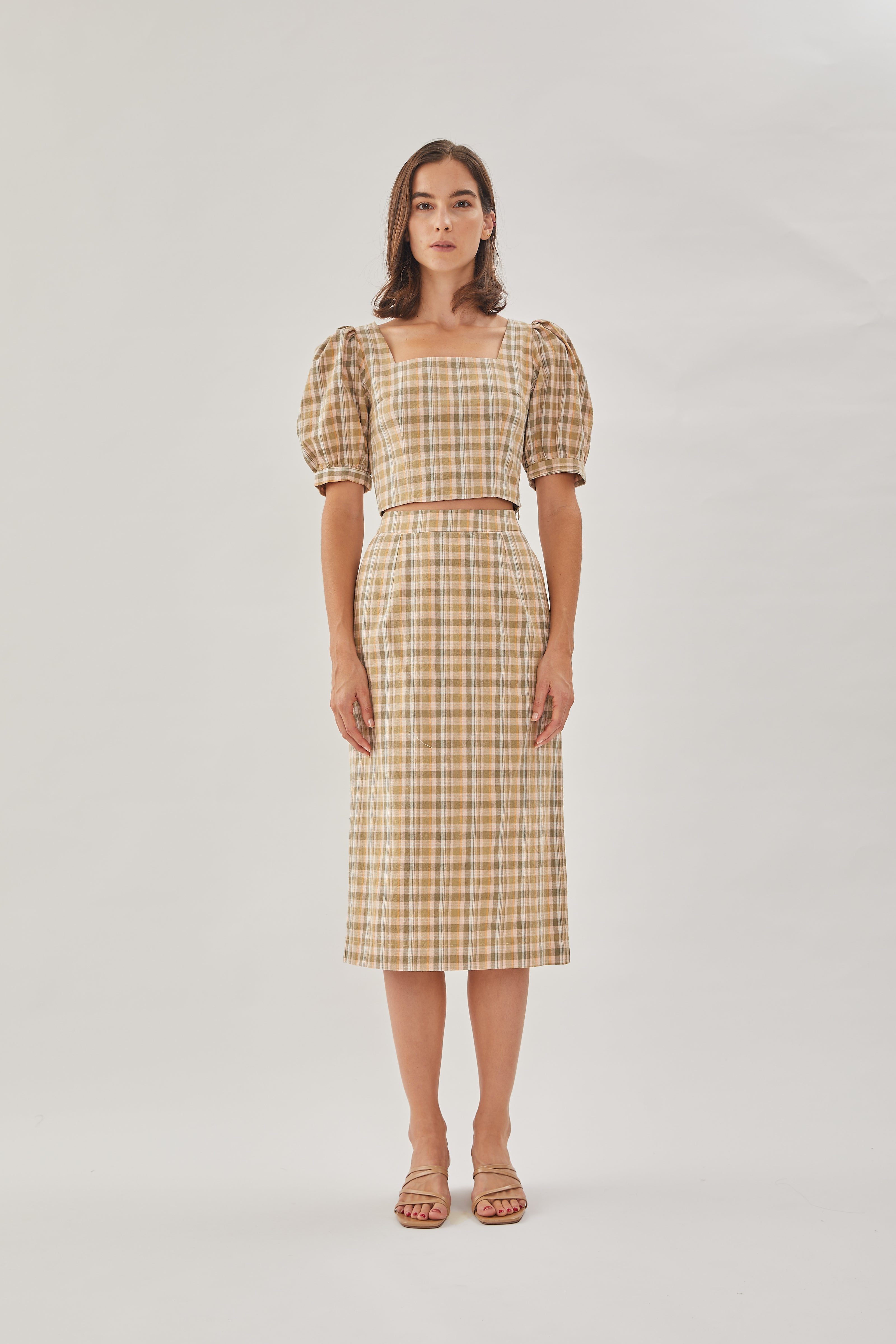 Gingham Straight Skirt in Forest