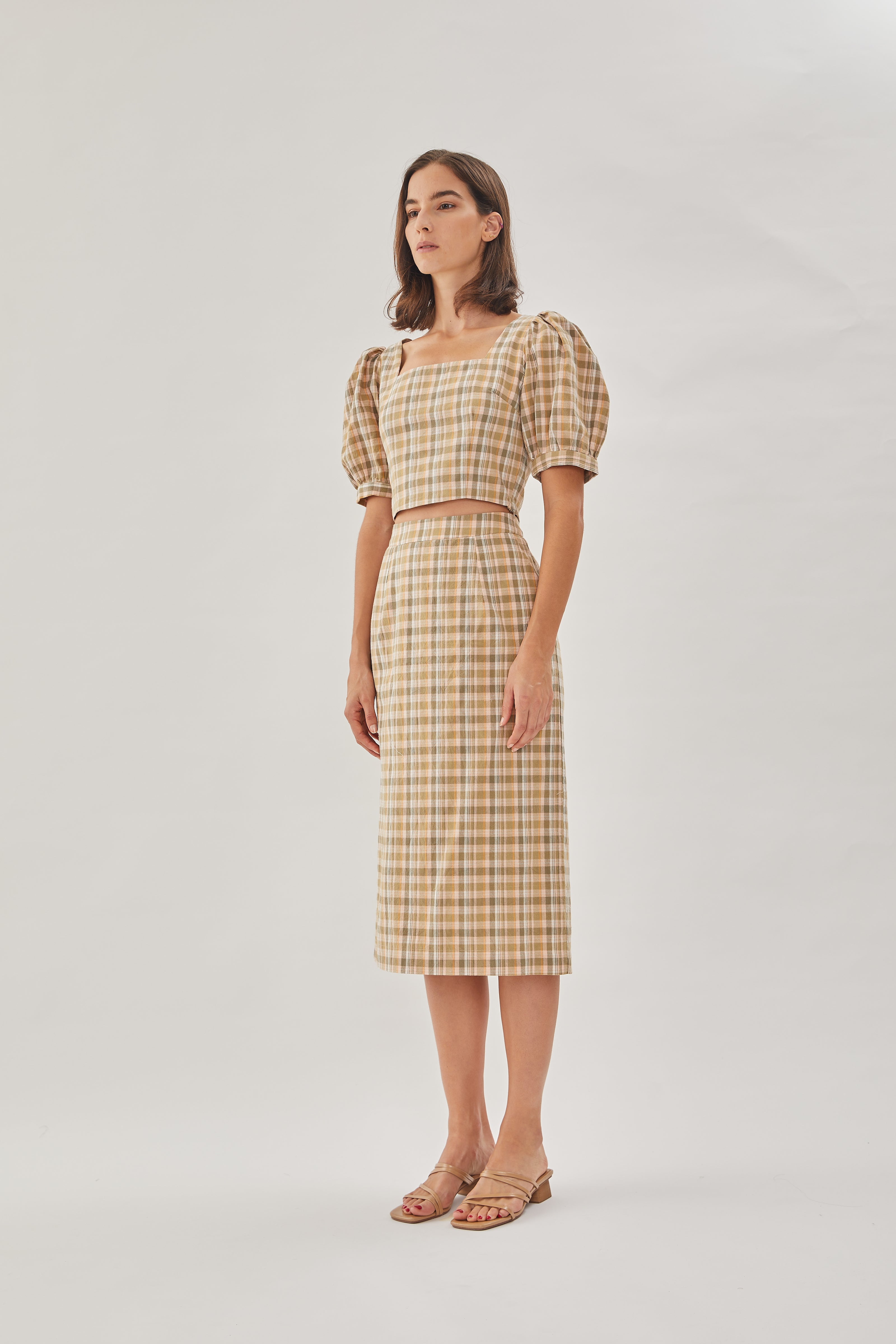 Gingham Straight Skirt in Forest