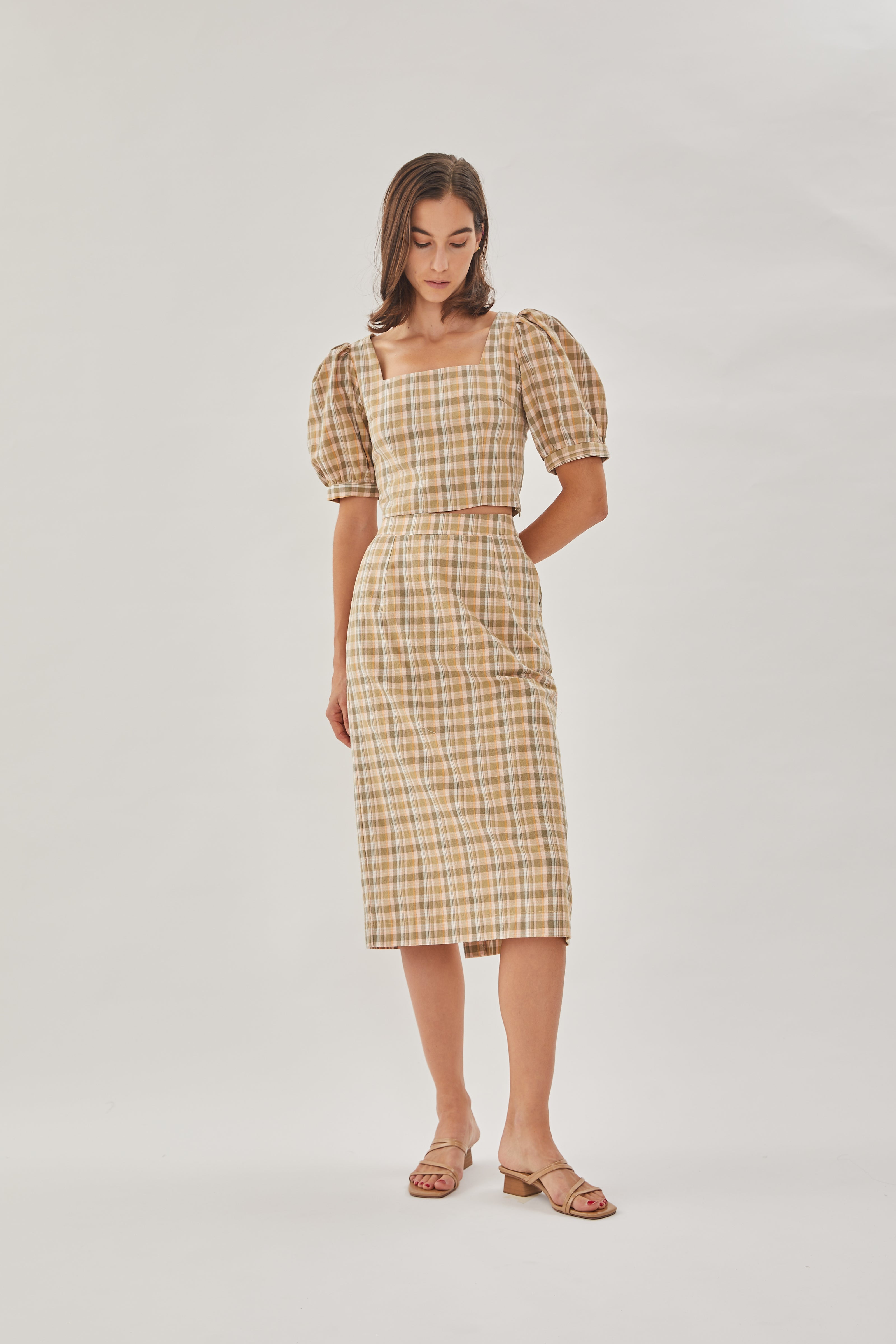 Gingham Straight Skirt in Forest