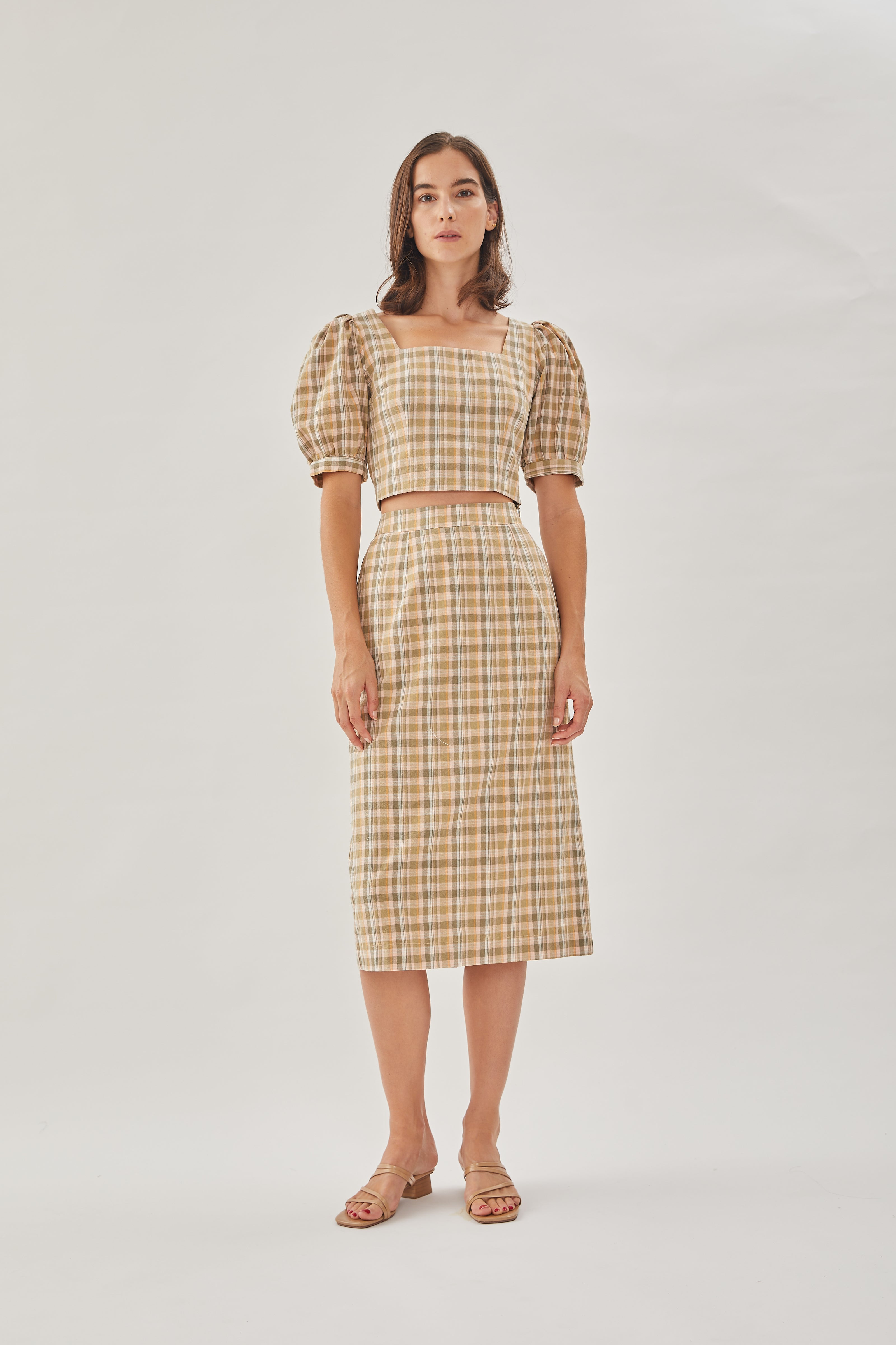 Gingham Straight Skirt in Forest