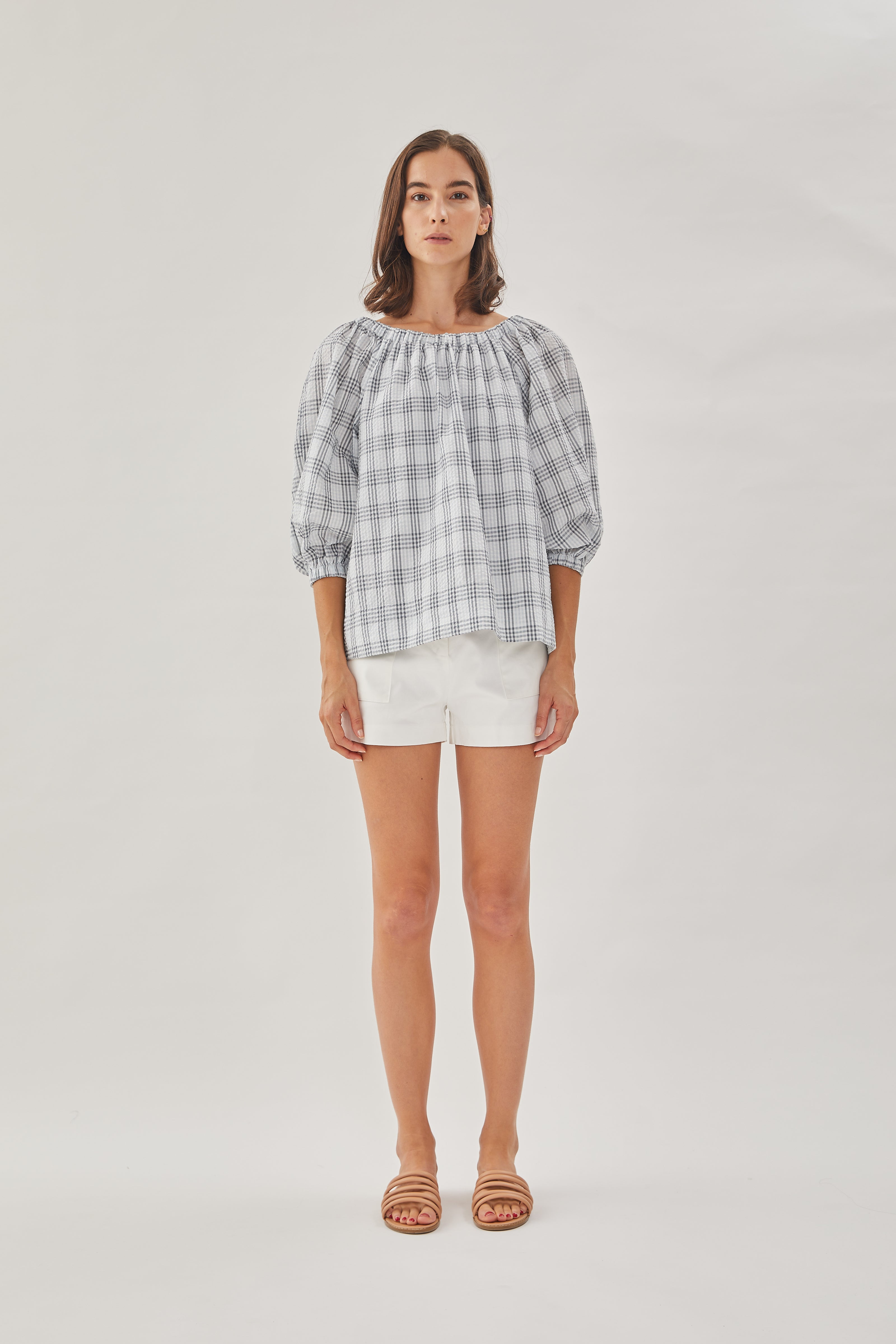 Seersucker Gathered Top in Mist