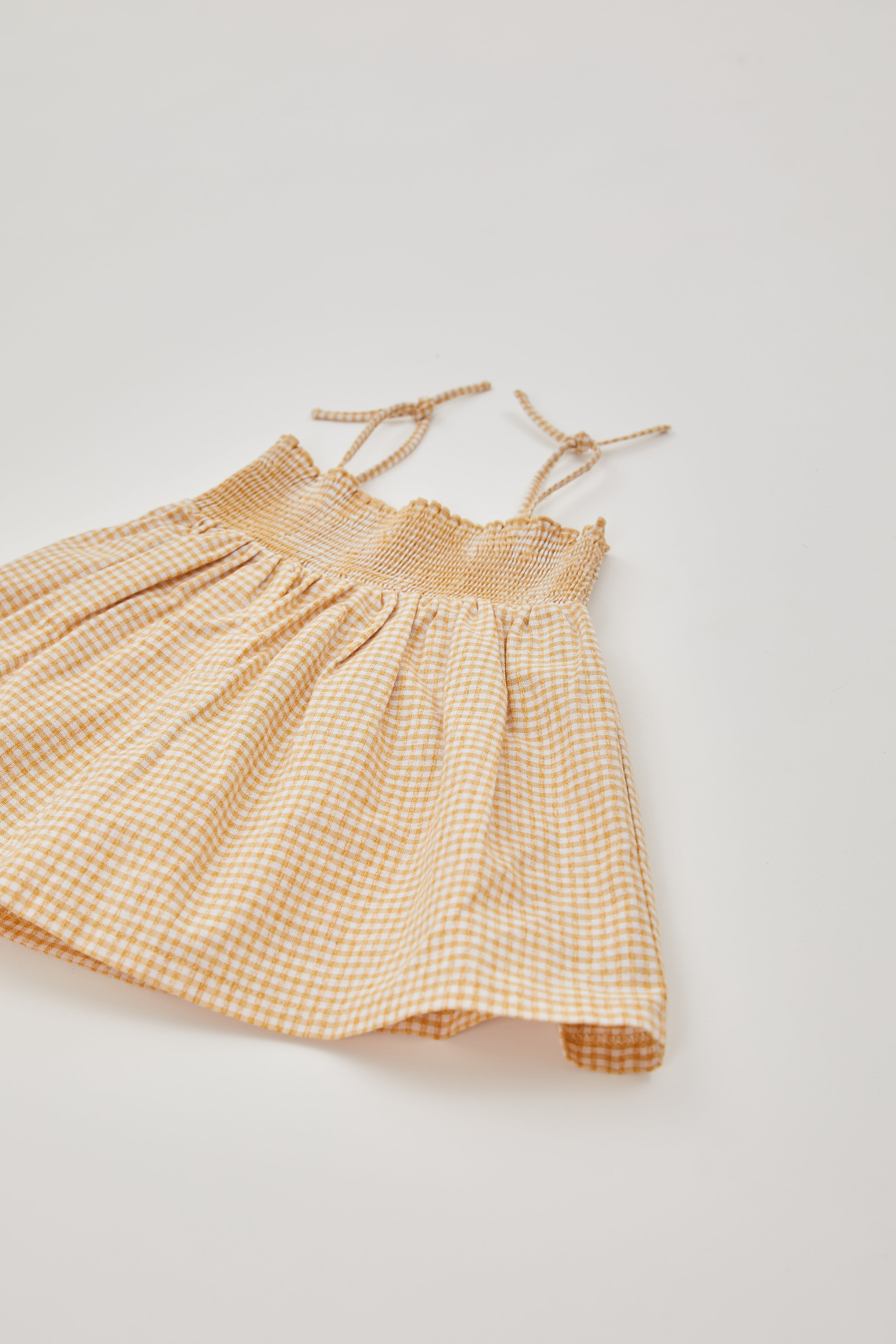 Mini Gingham Shirred Dress in Yellow