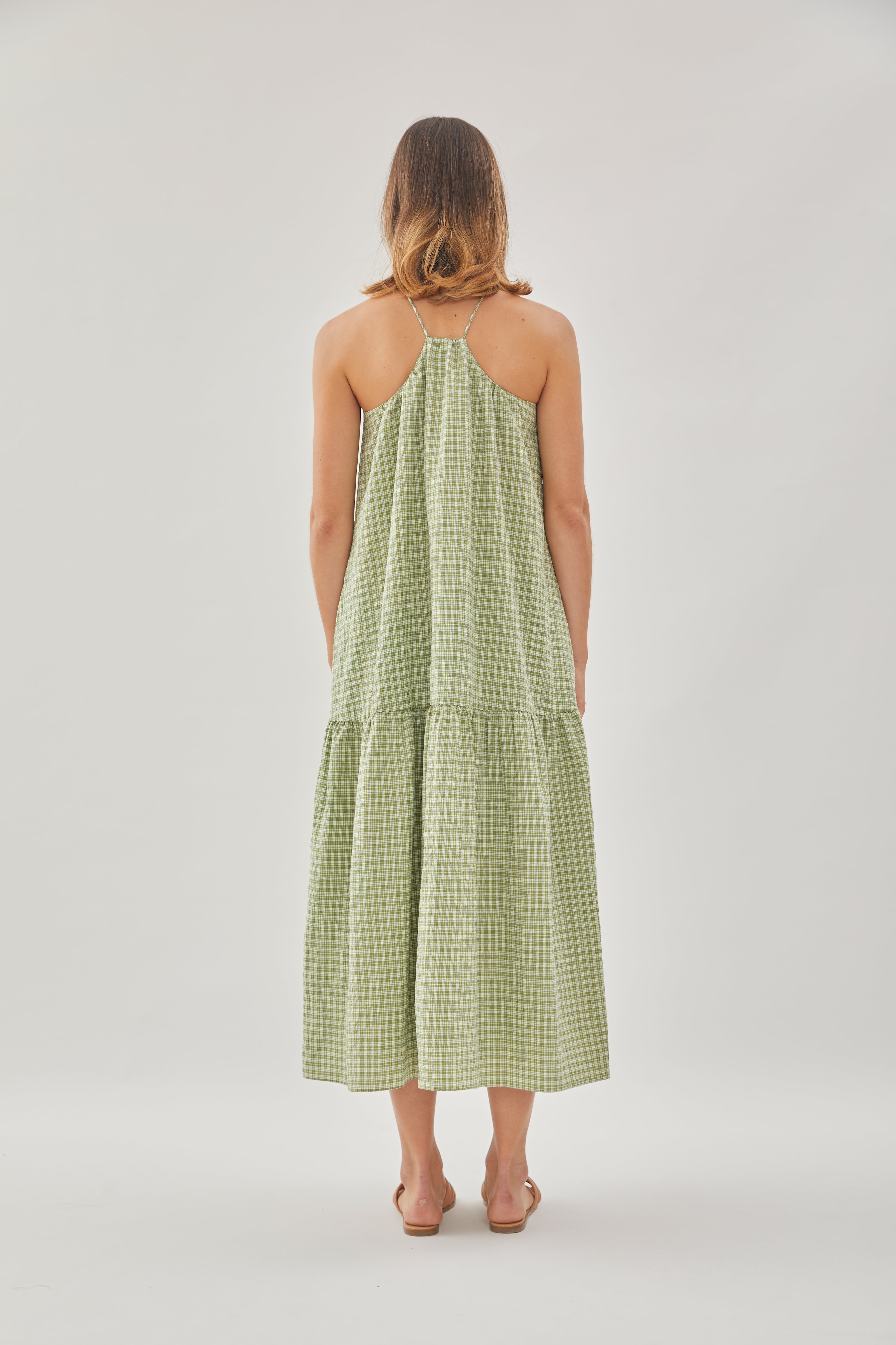 Gathered Halter Tiered Dress in Gingham Fern