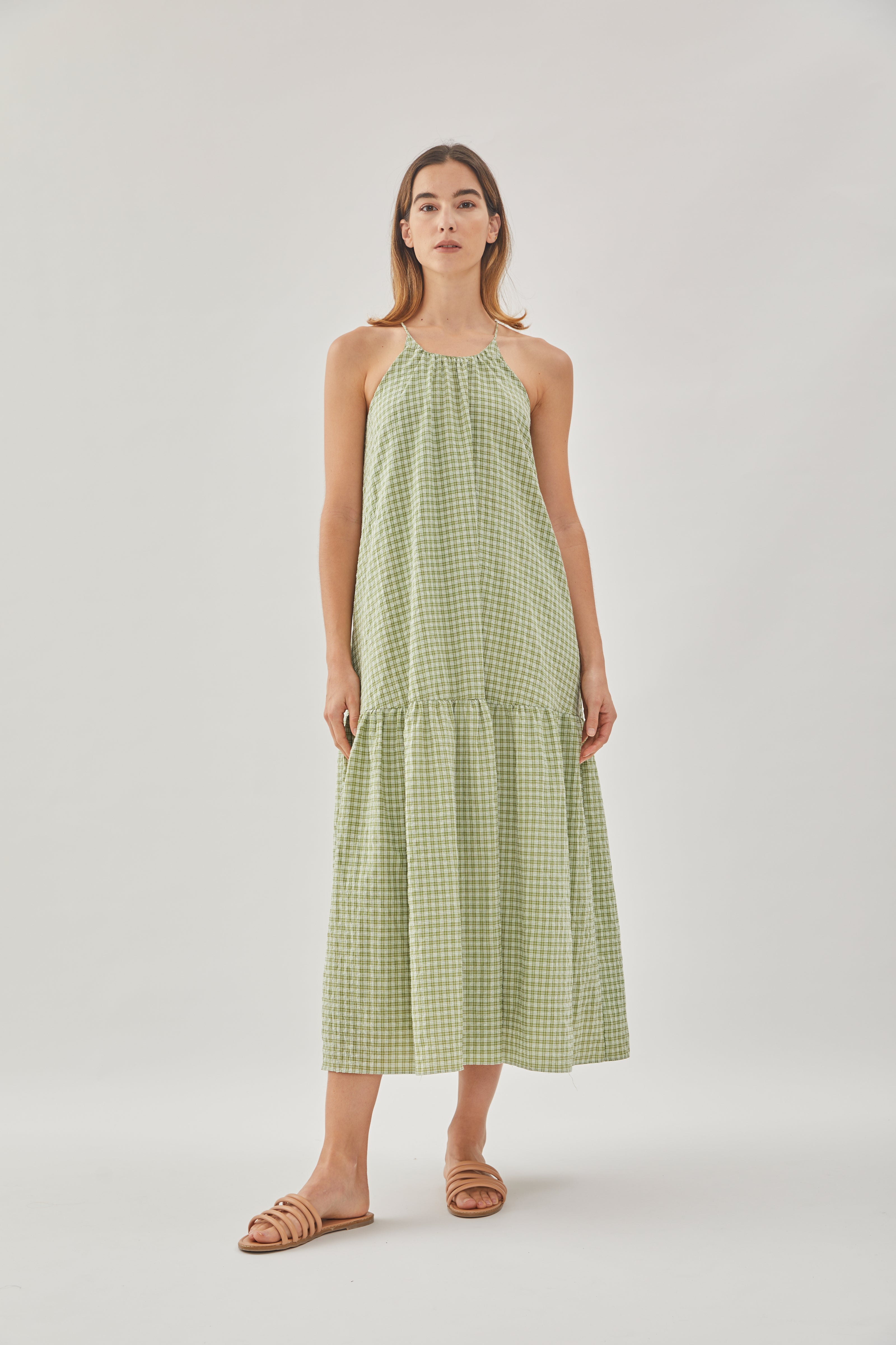 Gathered Halter Tiered Dress in Gingham Fern