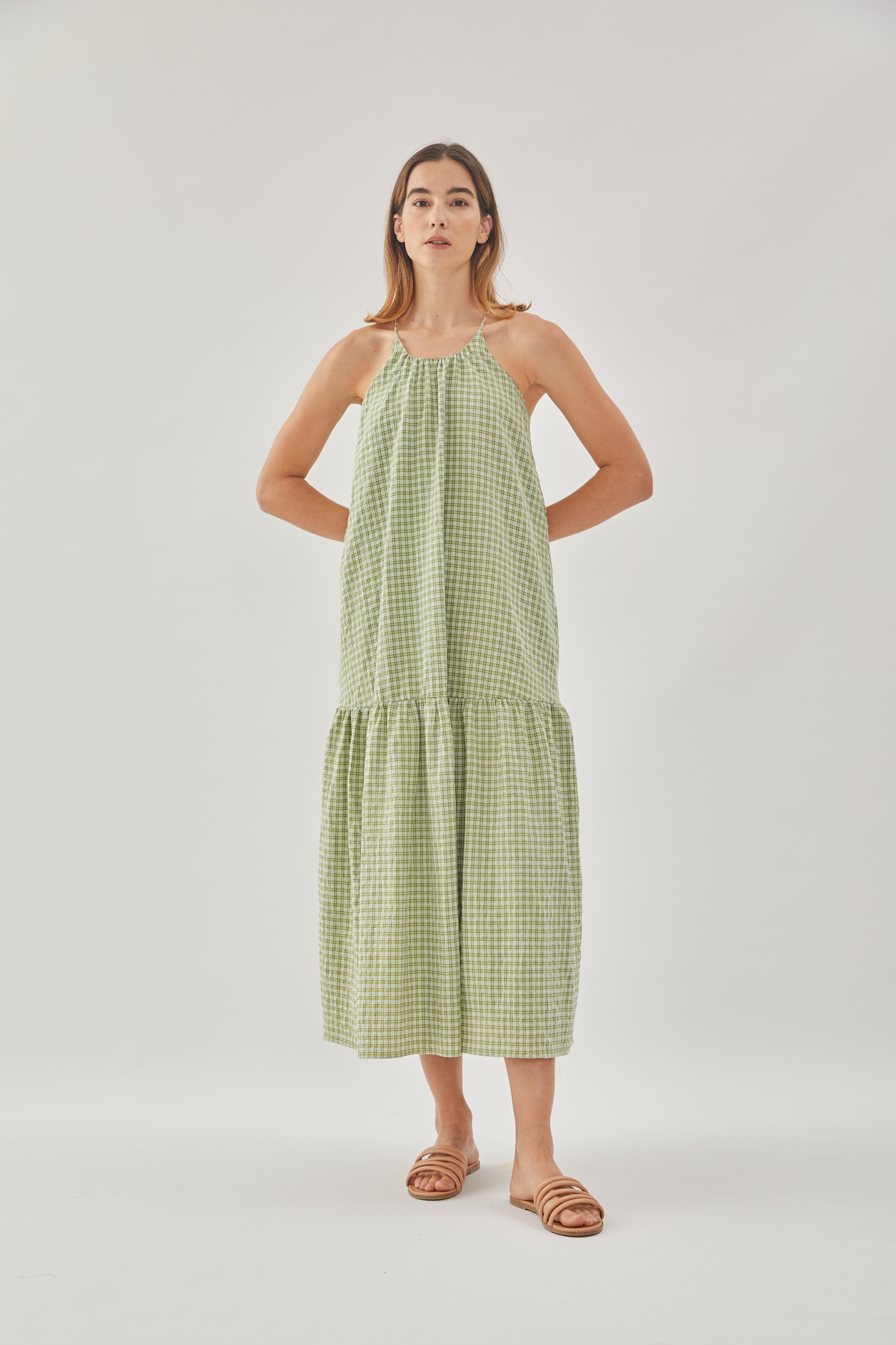 Gathered Halter Tiered Dress in Gingham Fern