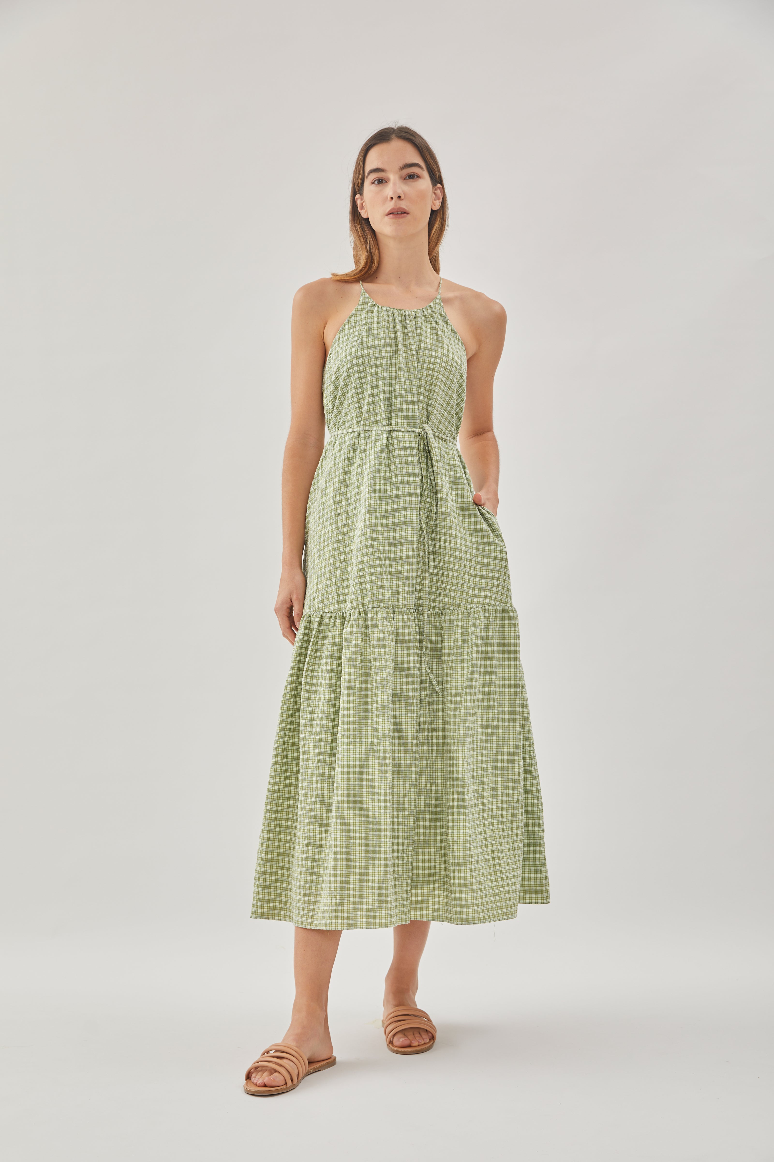 Gathered Halter Tiered Dress in Gingham Fern