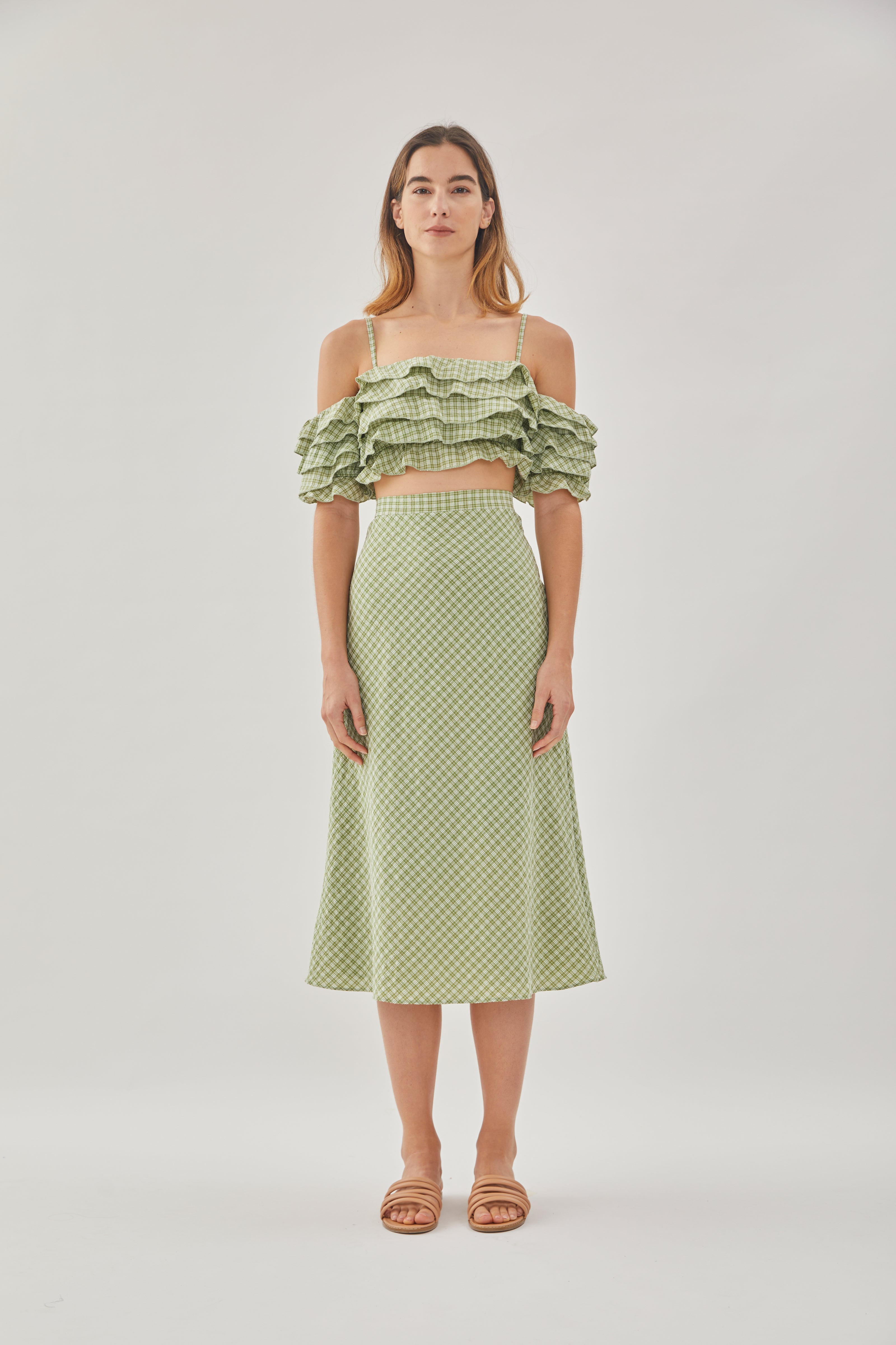 Cropped Ruffle Top in Gingham Fern