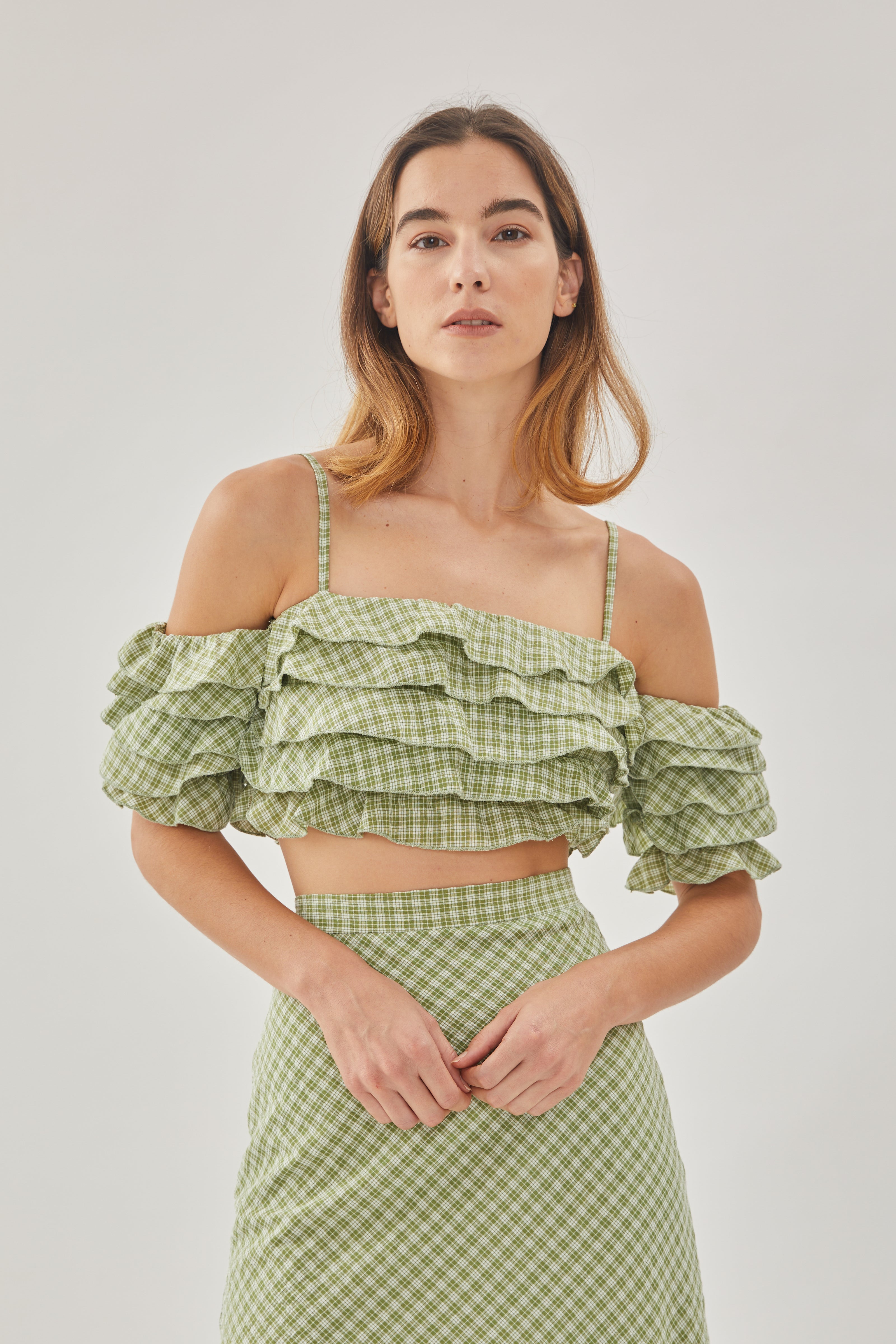 Cropped Ruffle Top in Gingham Fern