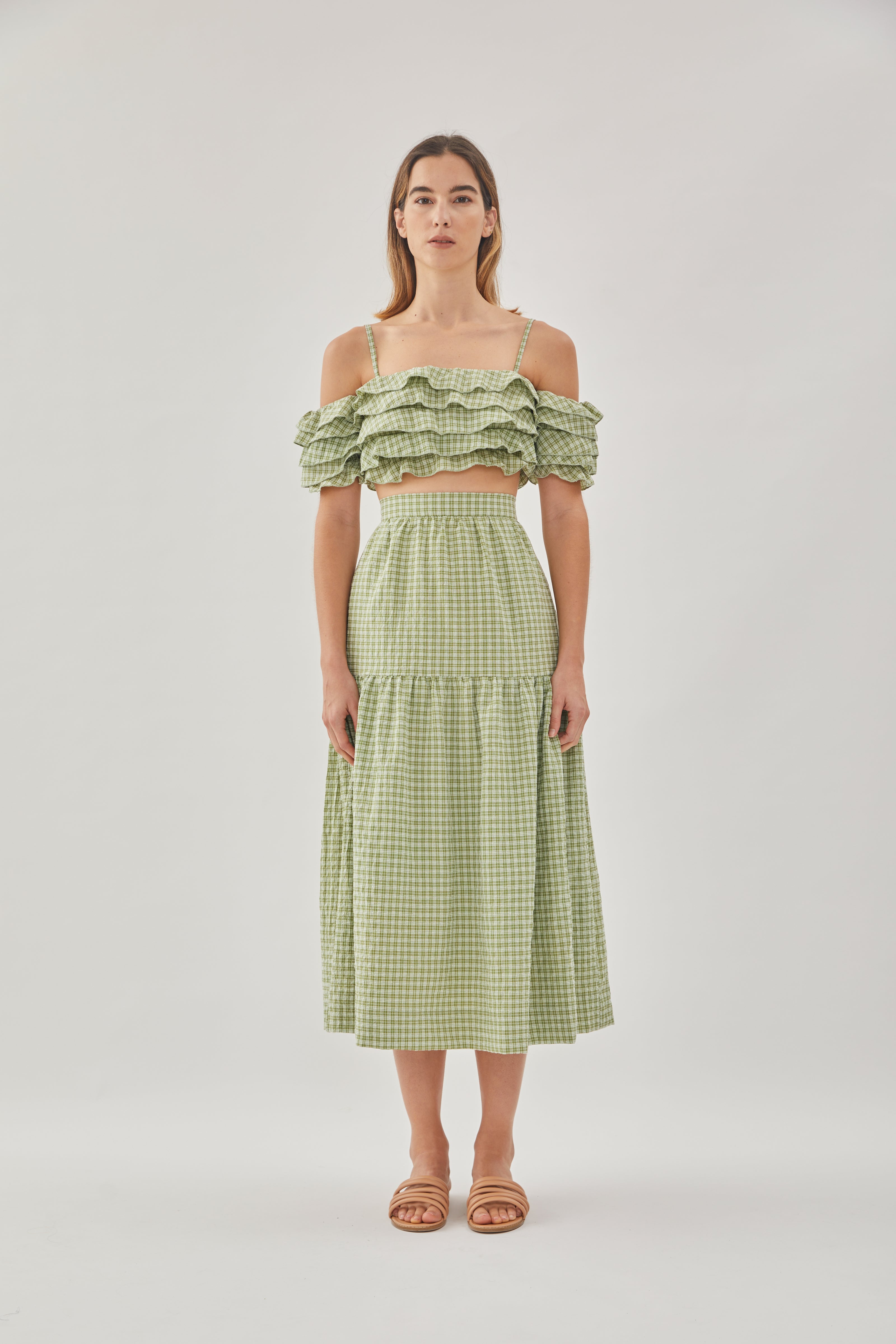 Tiered Midi Skirt in Gingham Fern