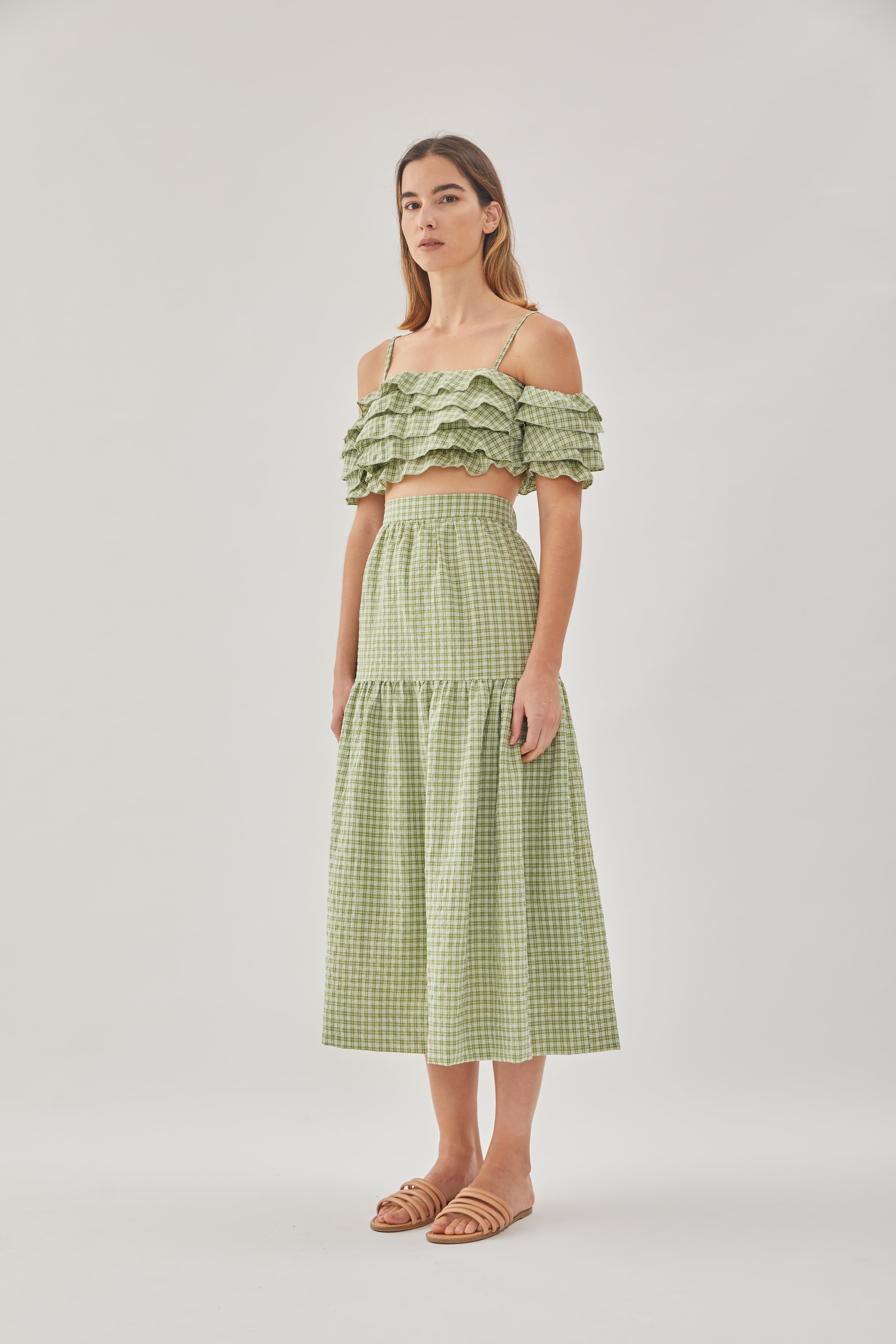 Tiered Midi Skirt in Gingham Fern