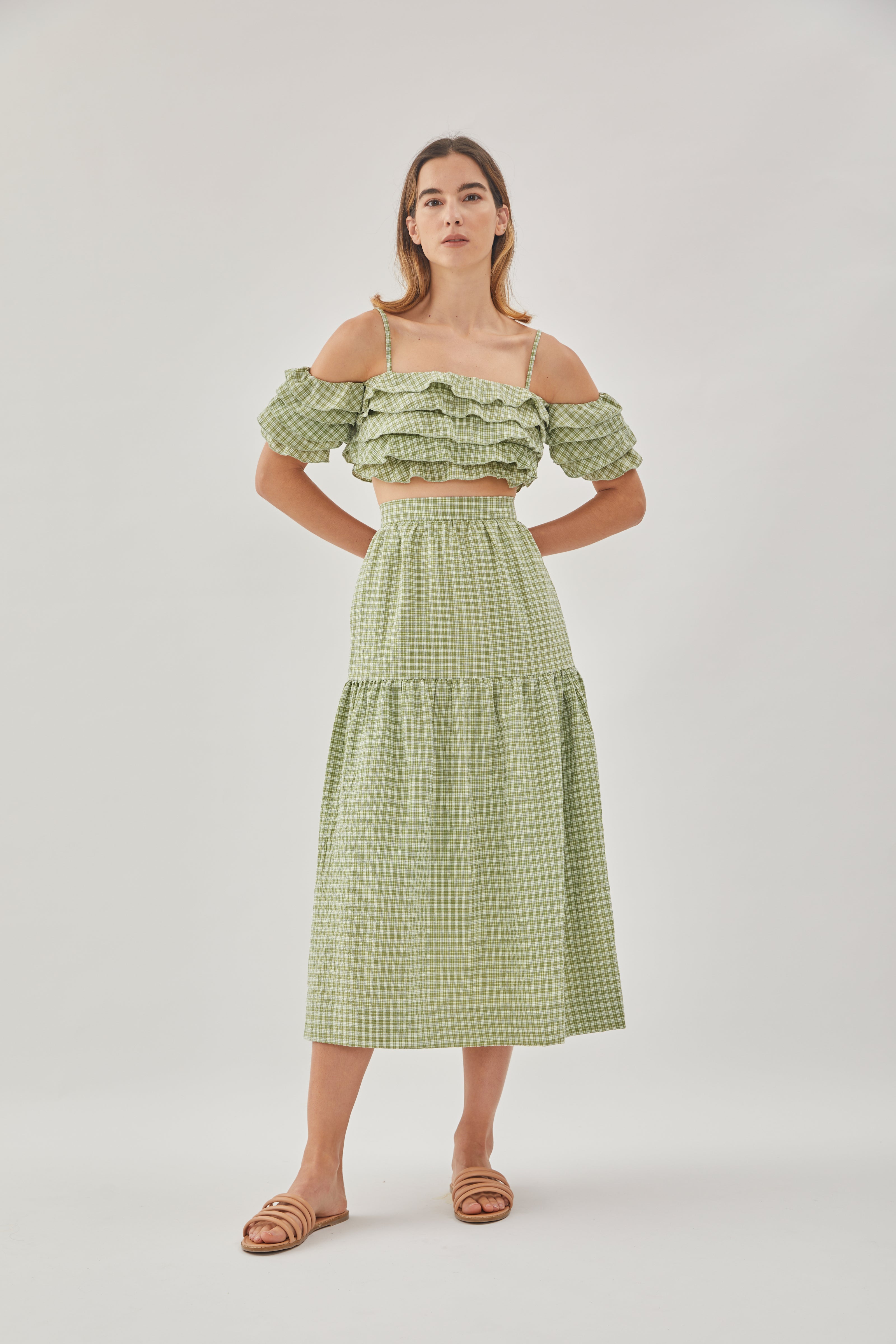 Tiered Midi Skirt in Gingham Fern