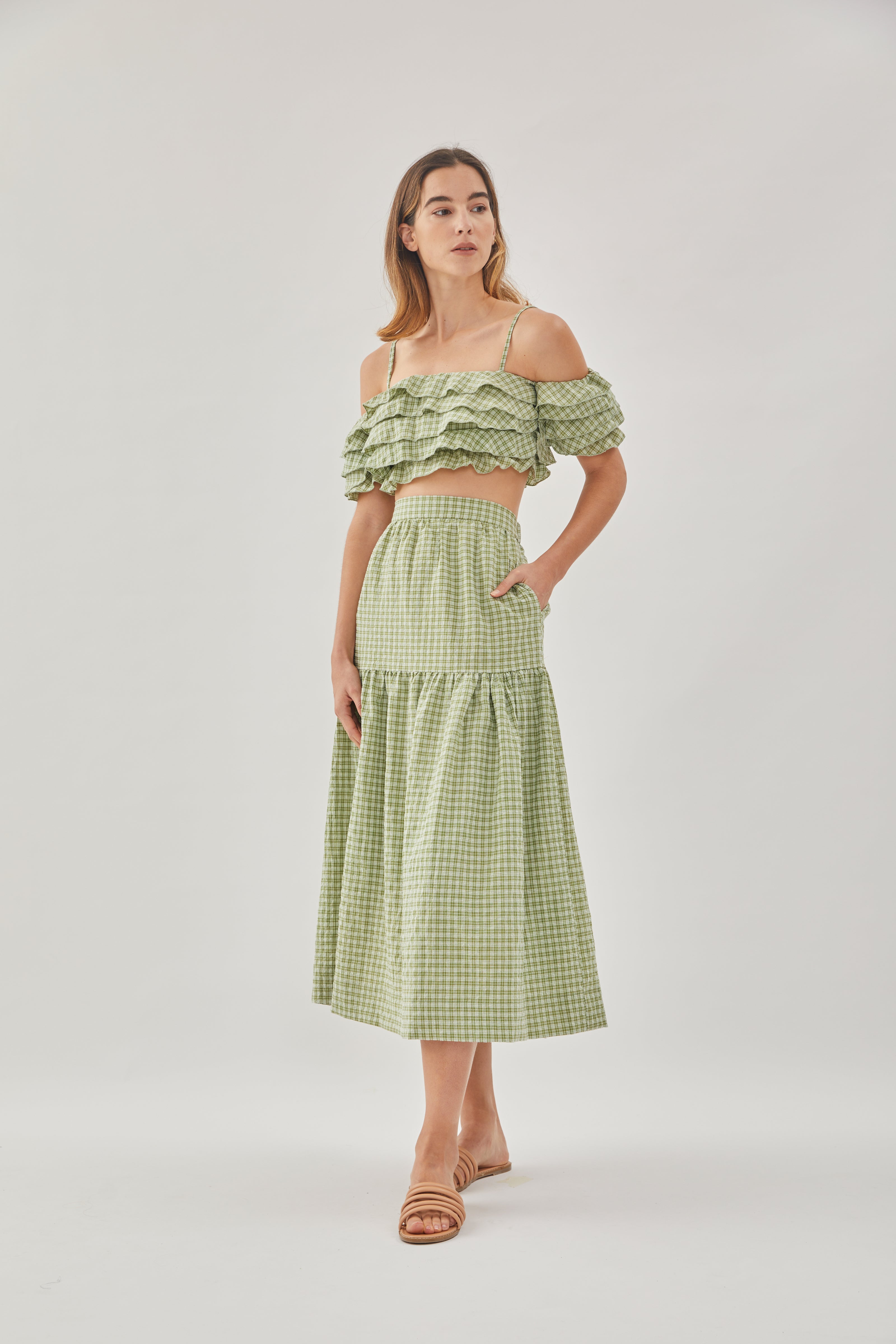 Tiered Midi Skirt in Gingham Fern