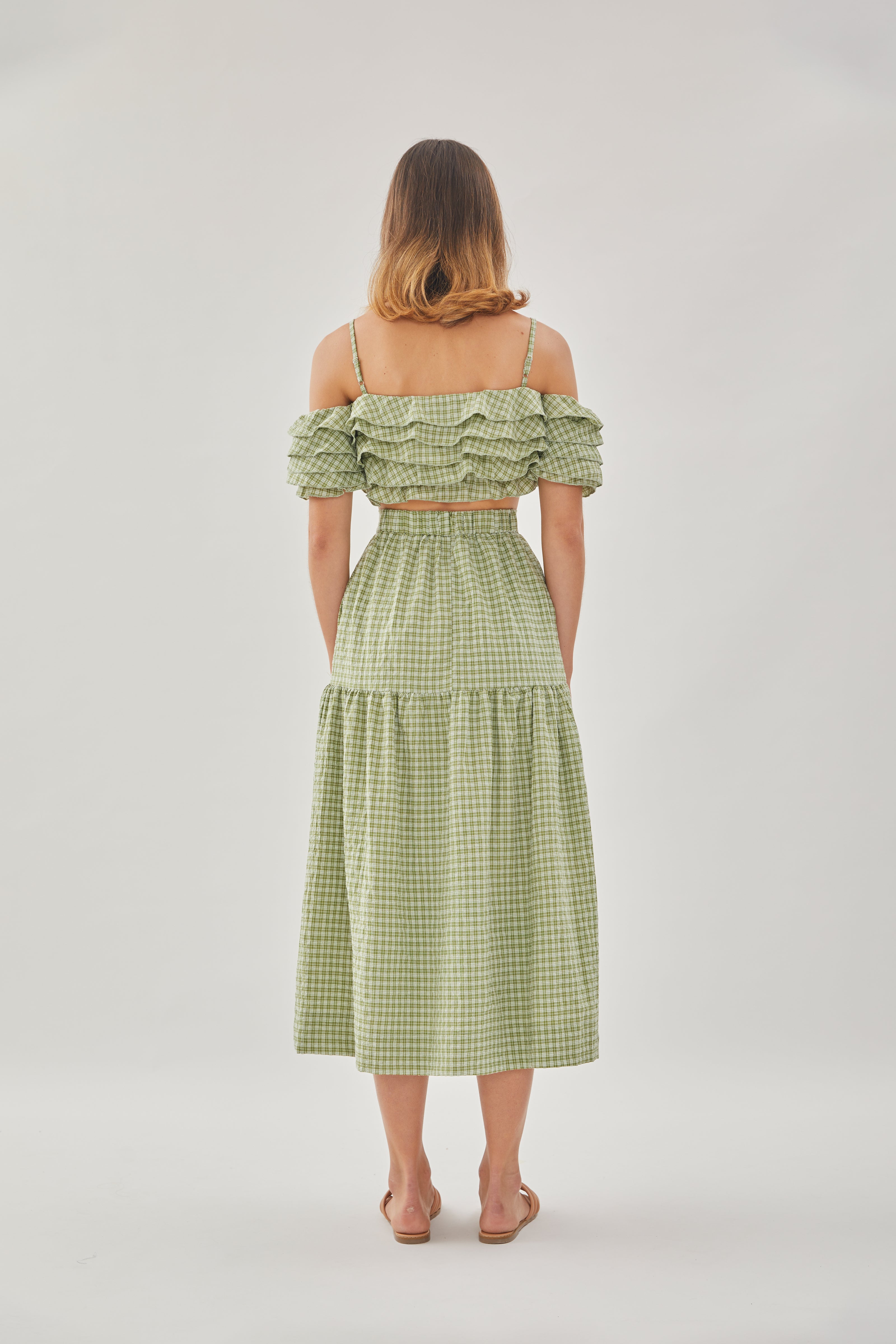 Tiered Midi Skirt in Gingham Fern