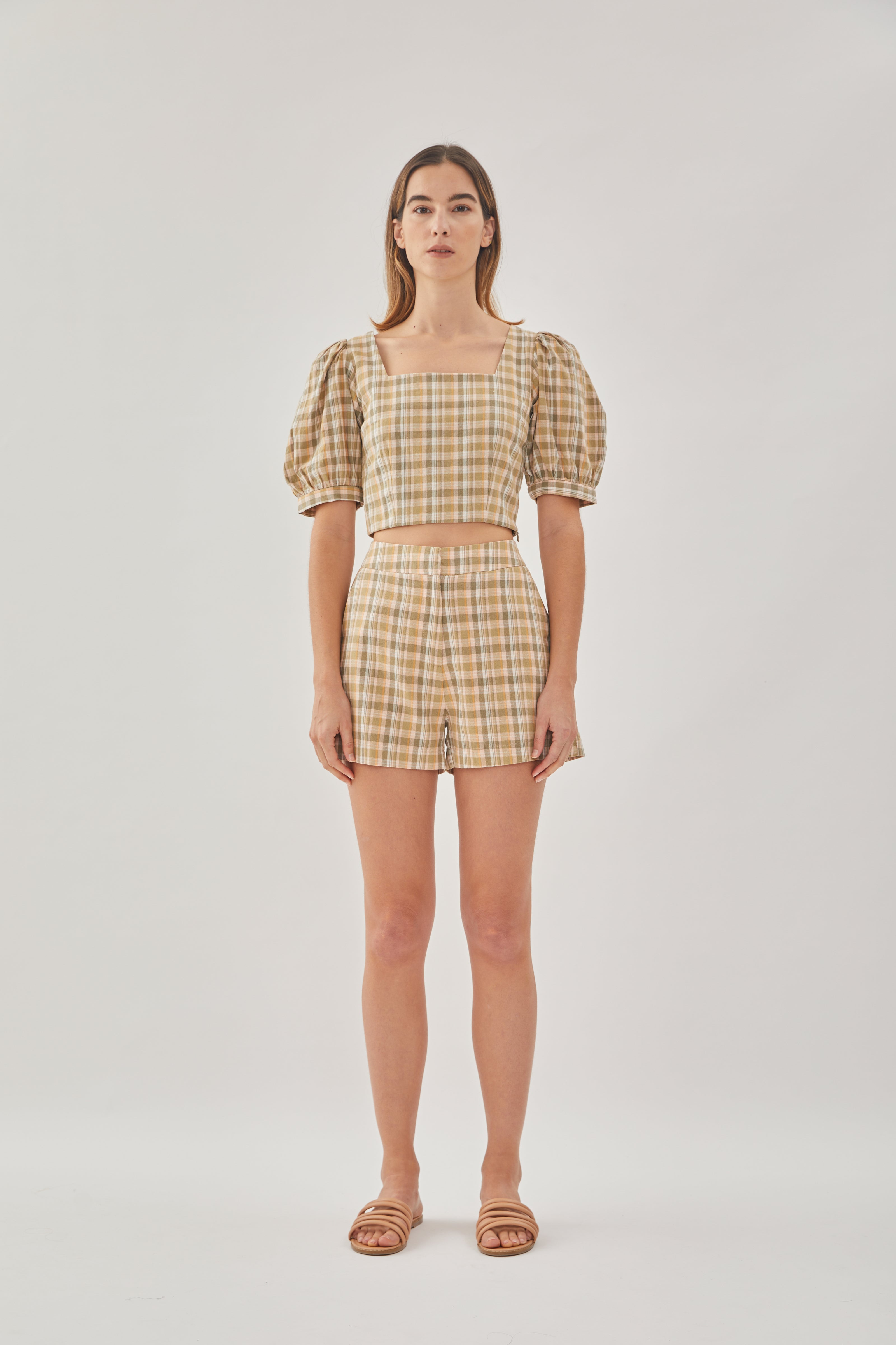 Checkered Cotton Shorts in Forest