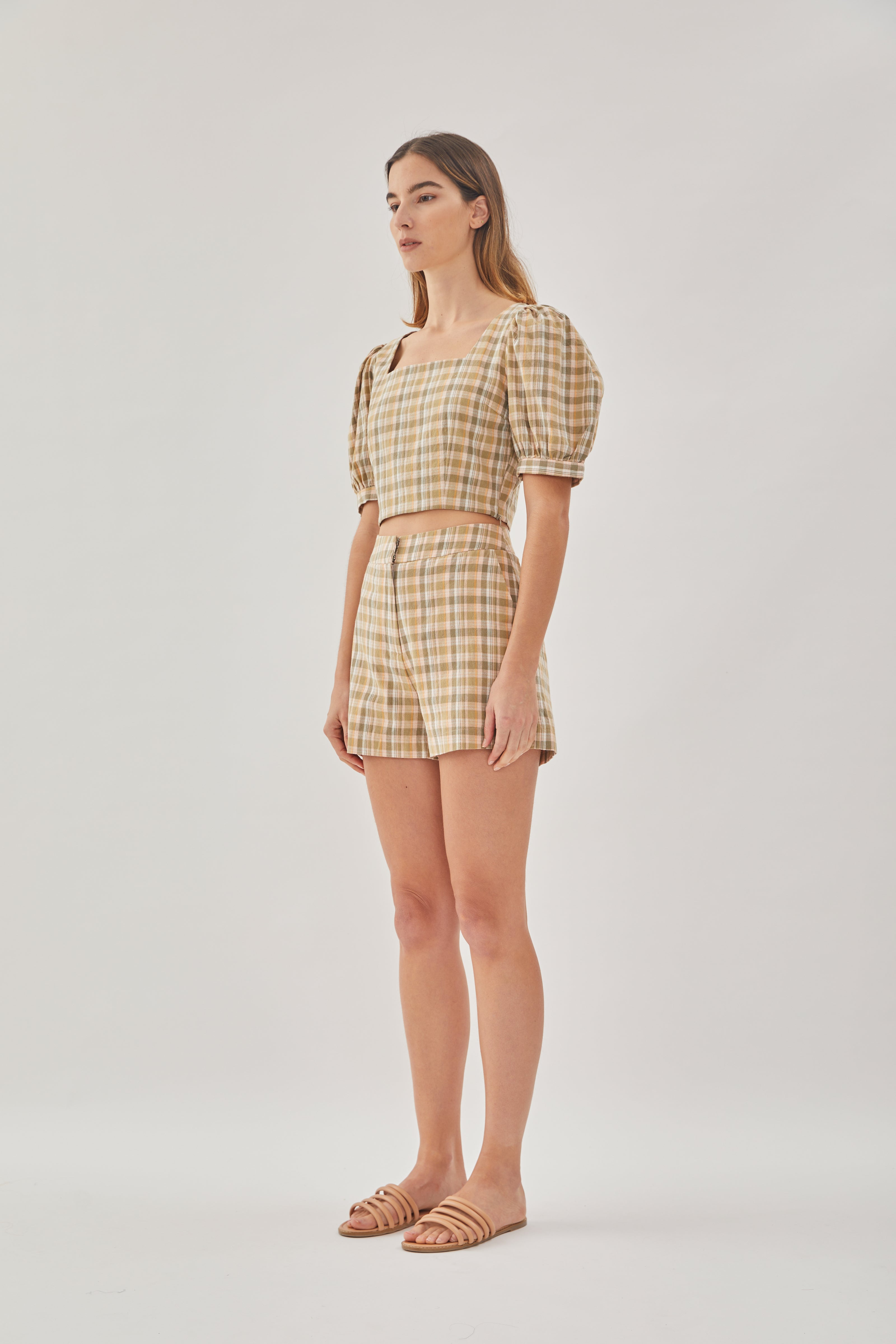 Checkered Cotton Shorts in Forest