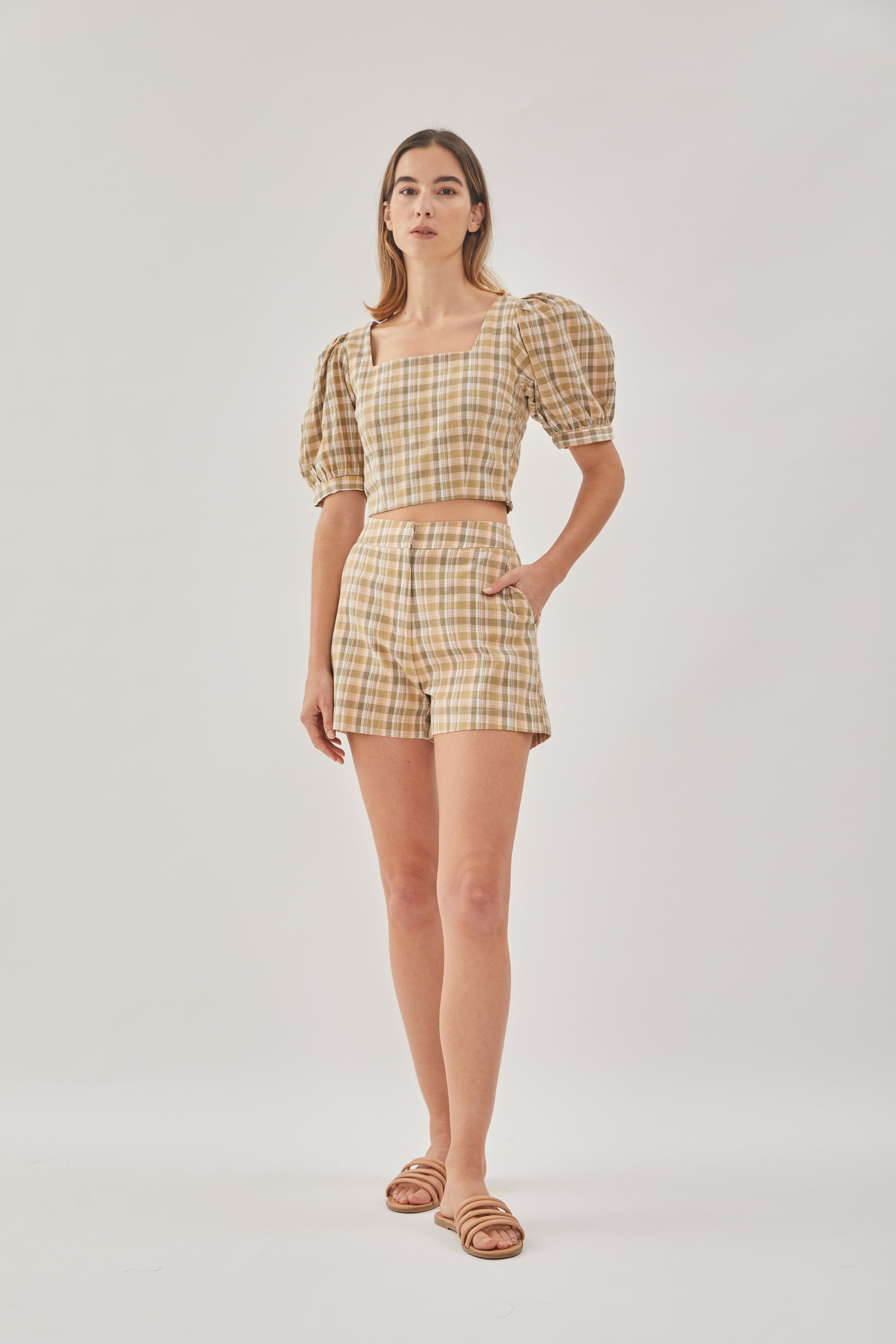 Checkered Cotton Shorts in Forest