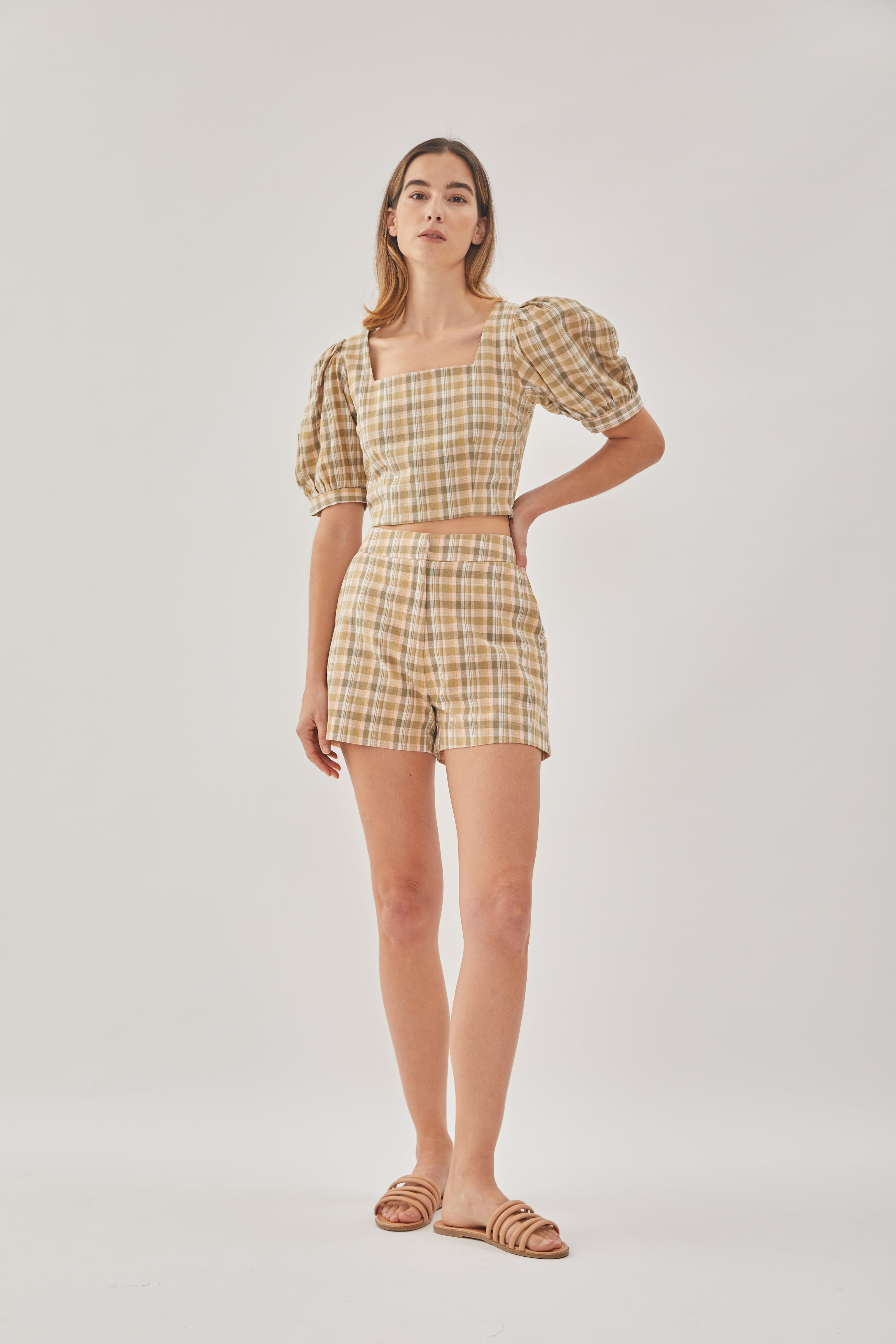 Checkered Cotton Shorts in Forest