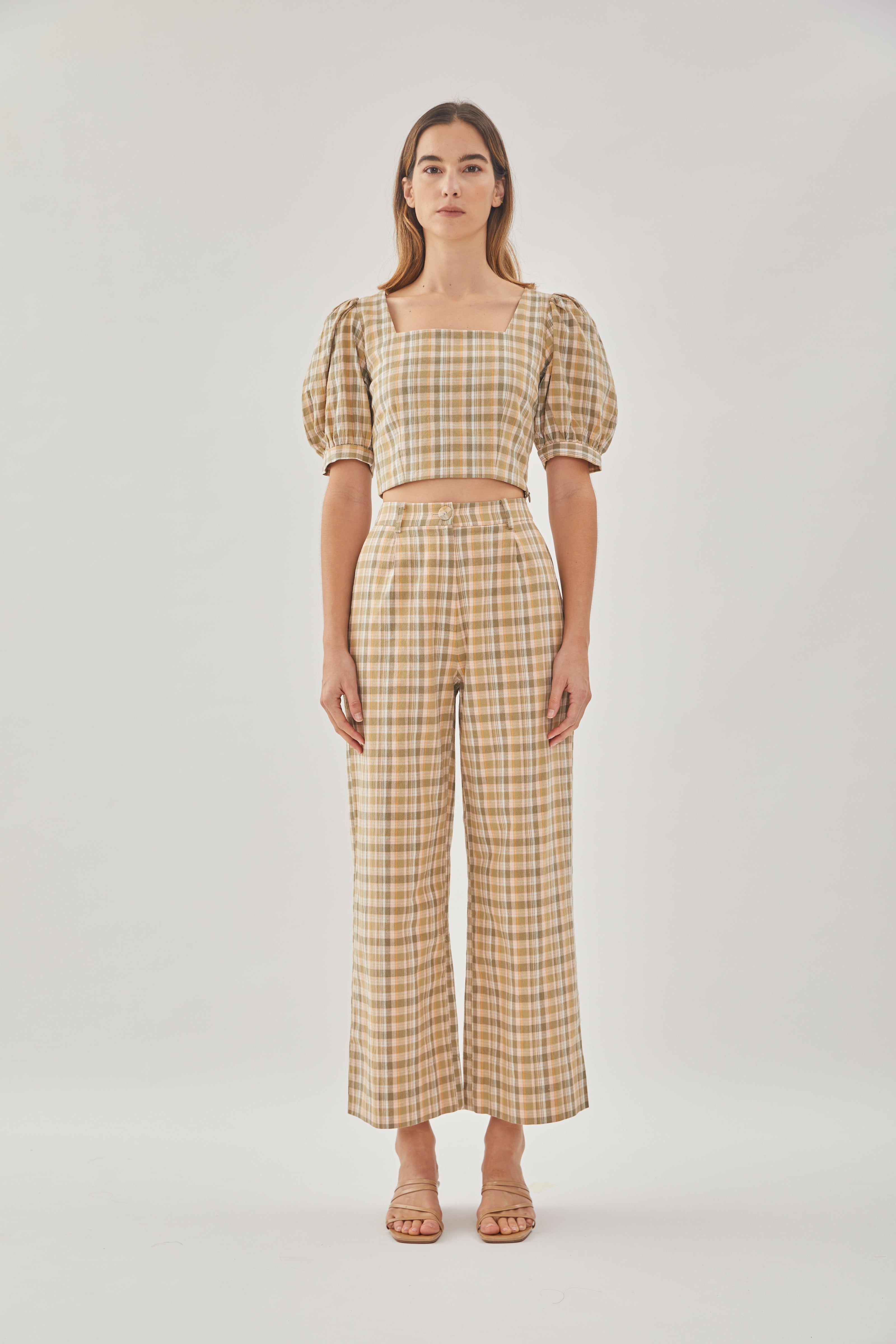 Checkered Cotton Straight Pants in Forest