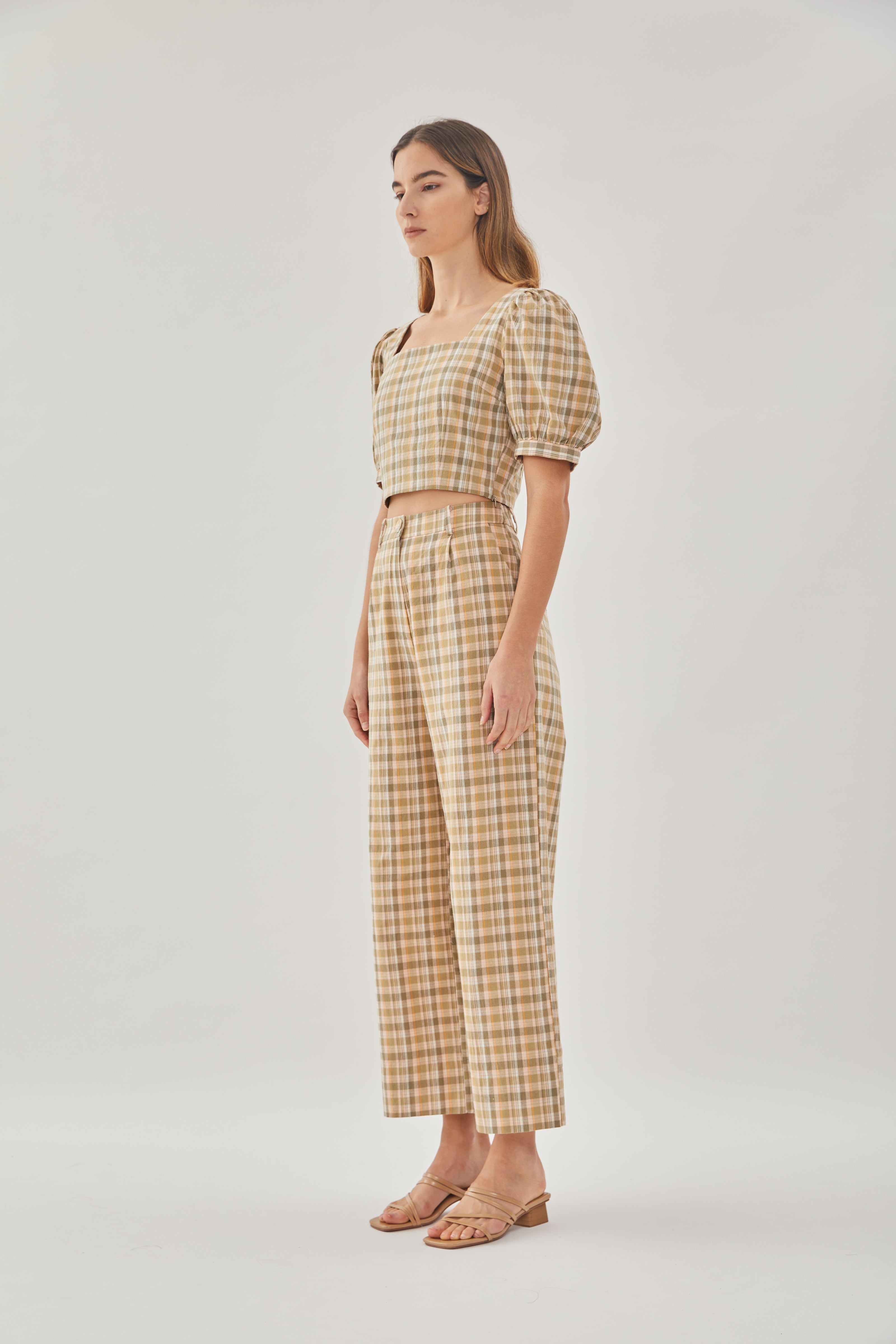 Checkered Cotton Straight Pants in Forest