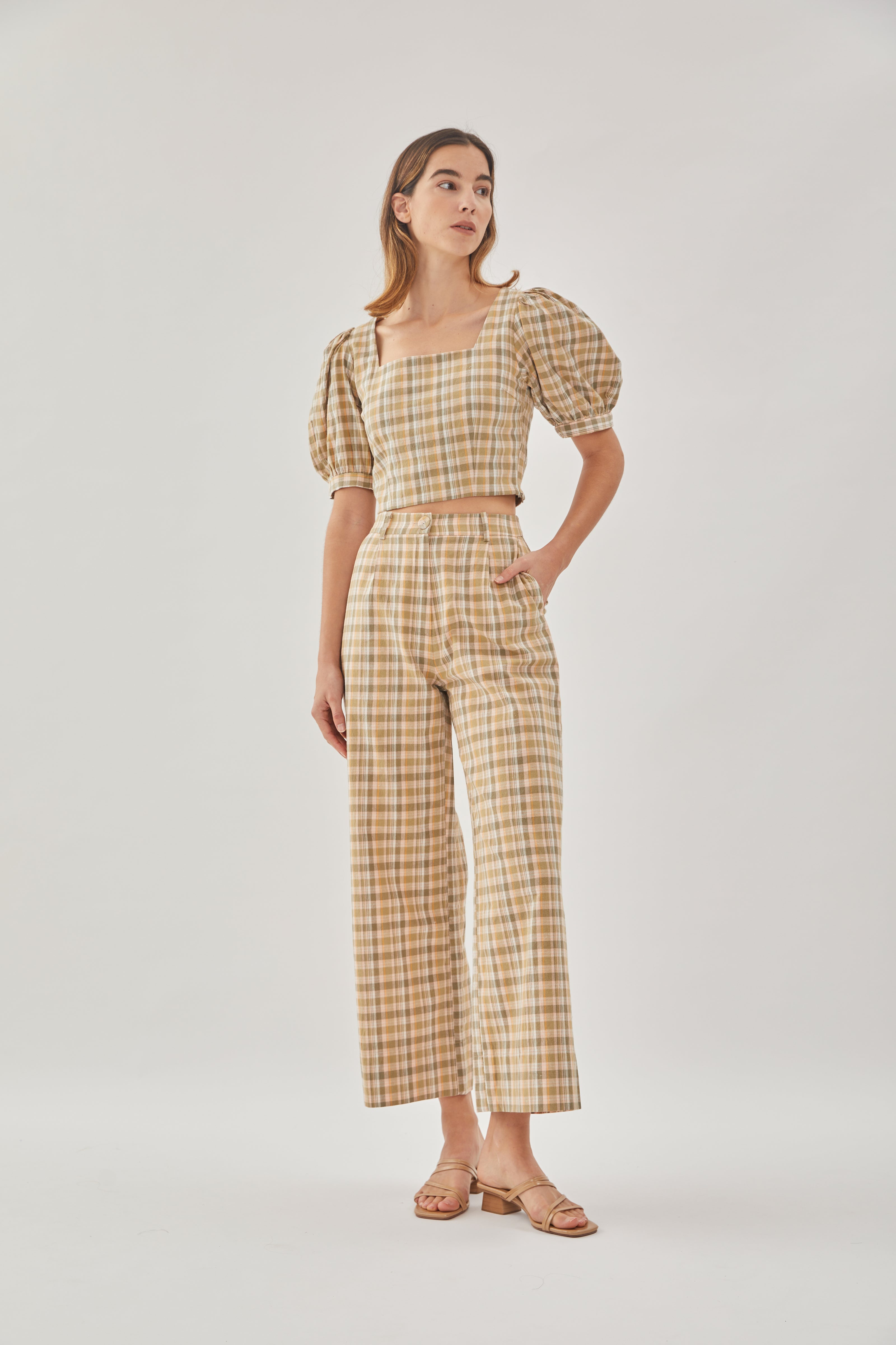 Checkered Cotton Straight Pants in Forest