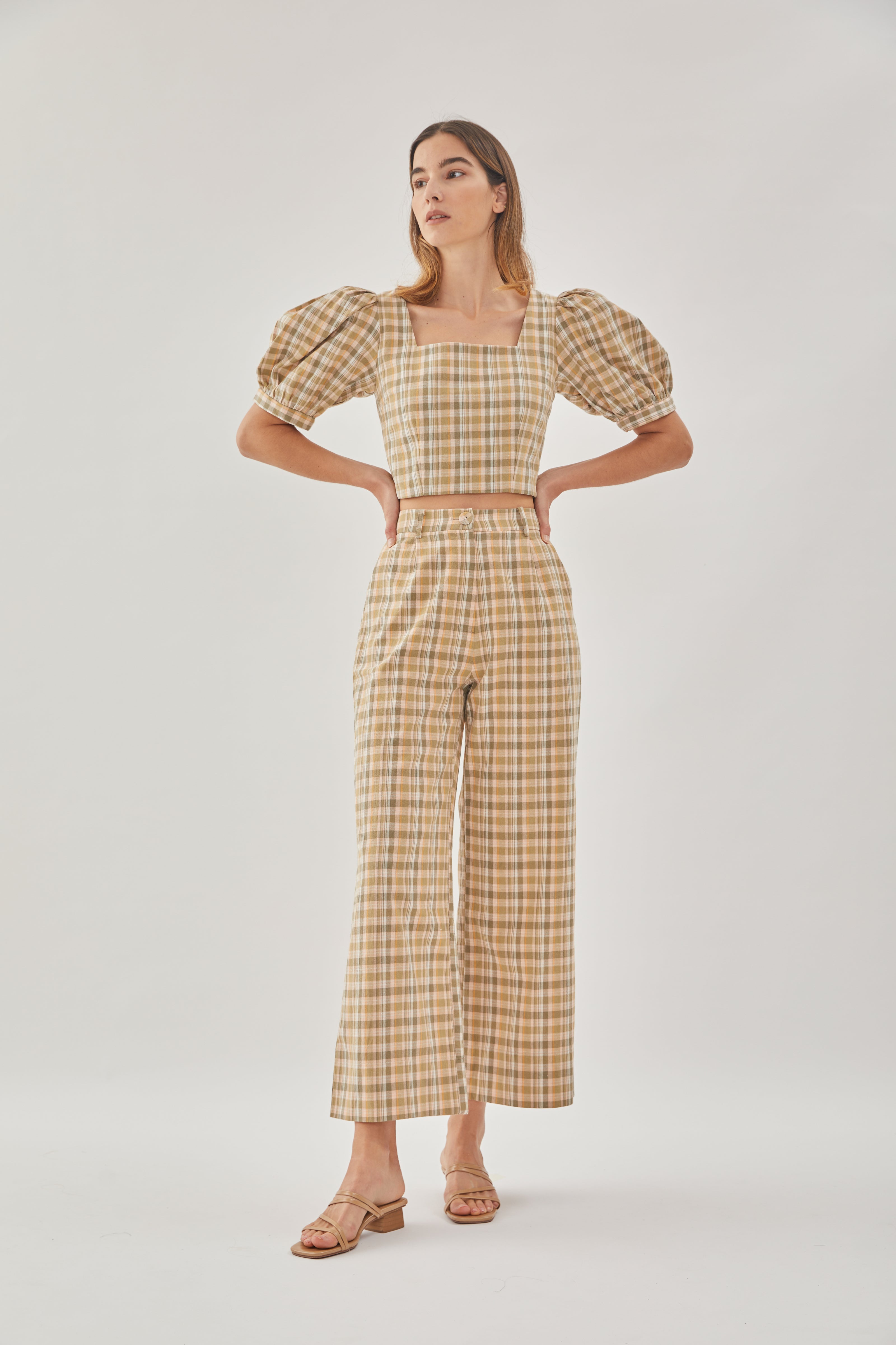 Checkered Cotton Straight Pants in Forest