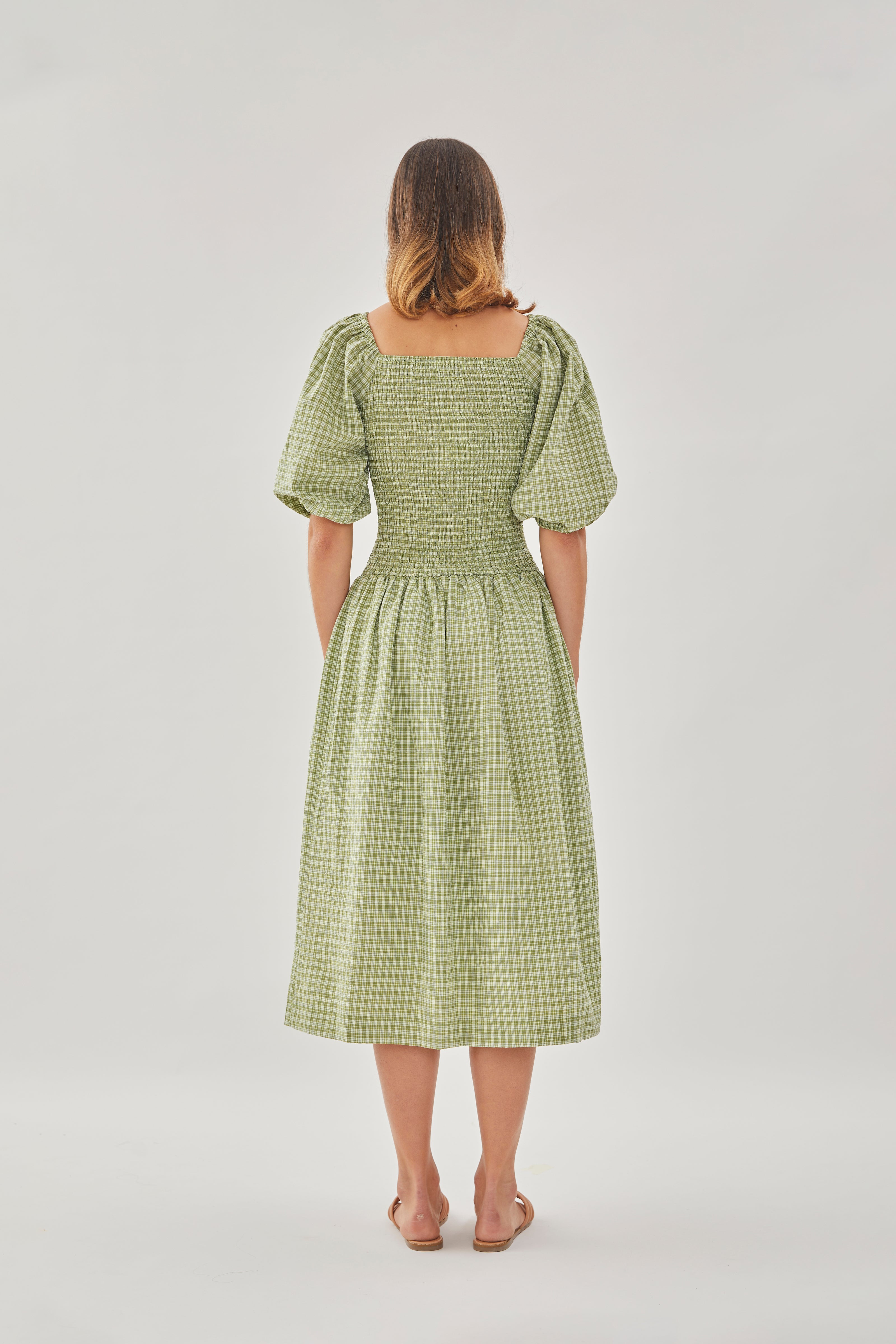 Drop Waist Shirring Dress in Gingham Fern