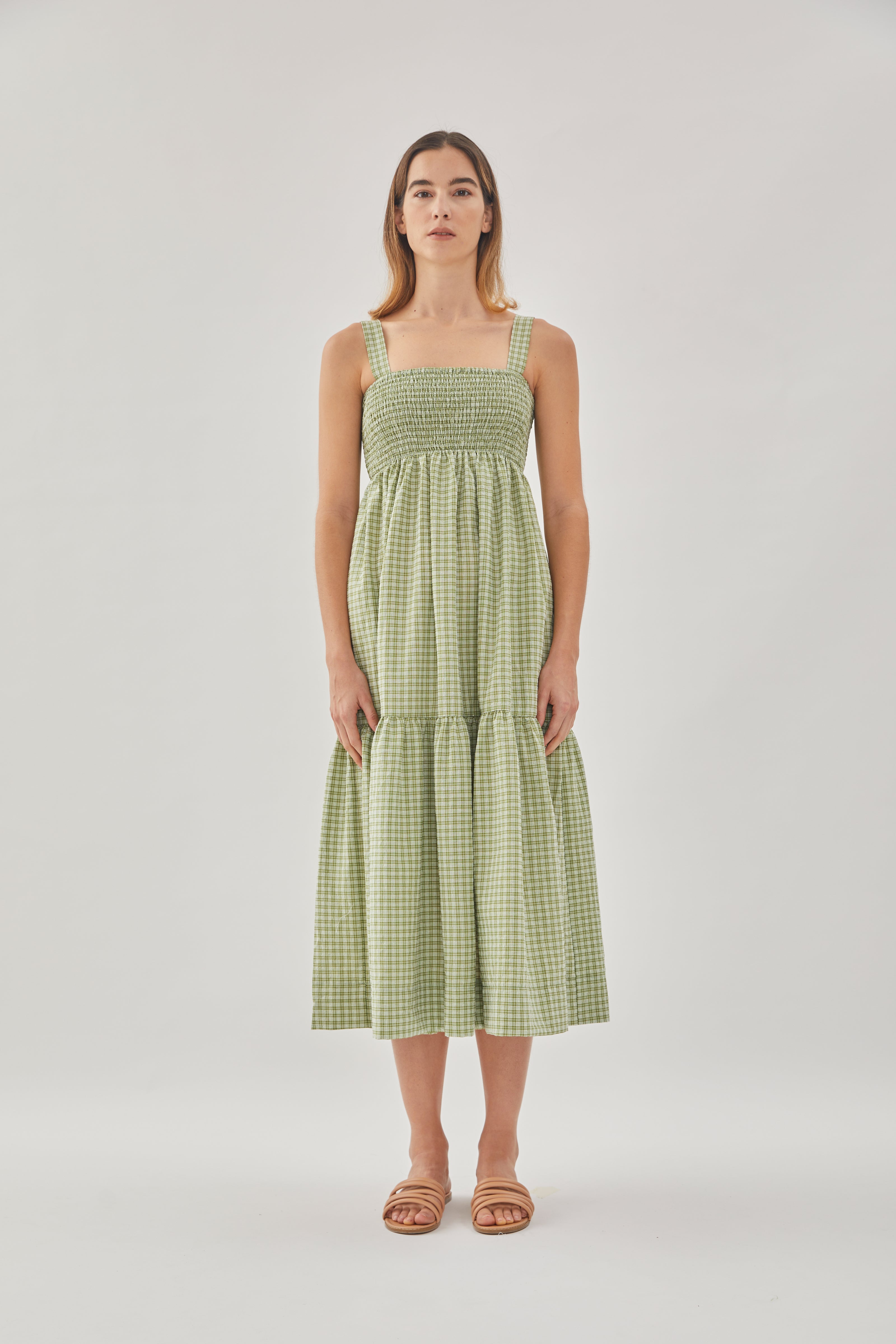 Tiered Sleeveless Shirring Dress in Gingham Fern