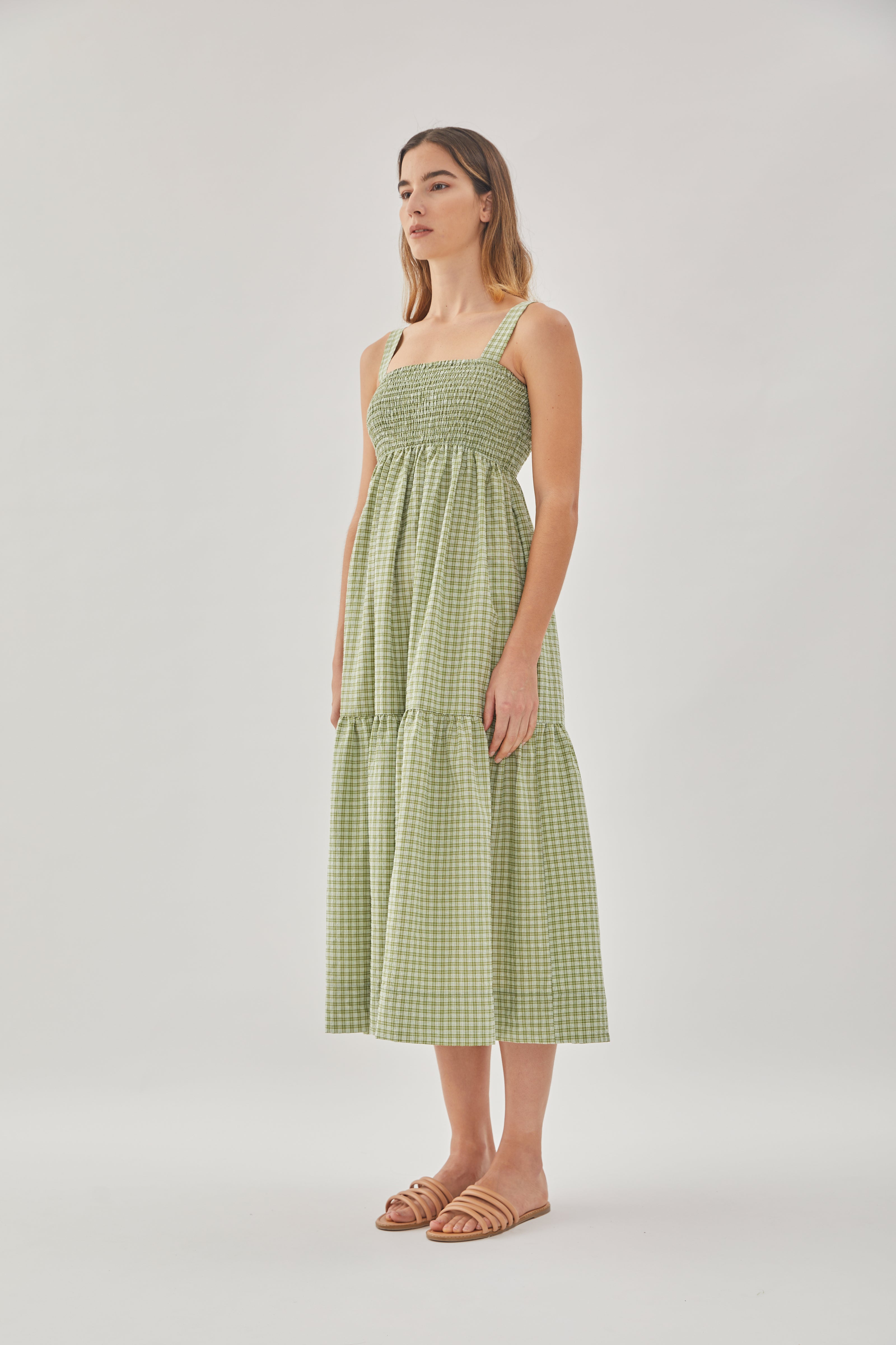 Tiered Sleeveless Shirring Dress in Gingham Fern