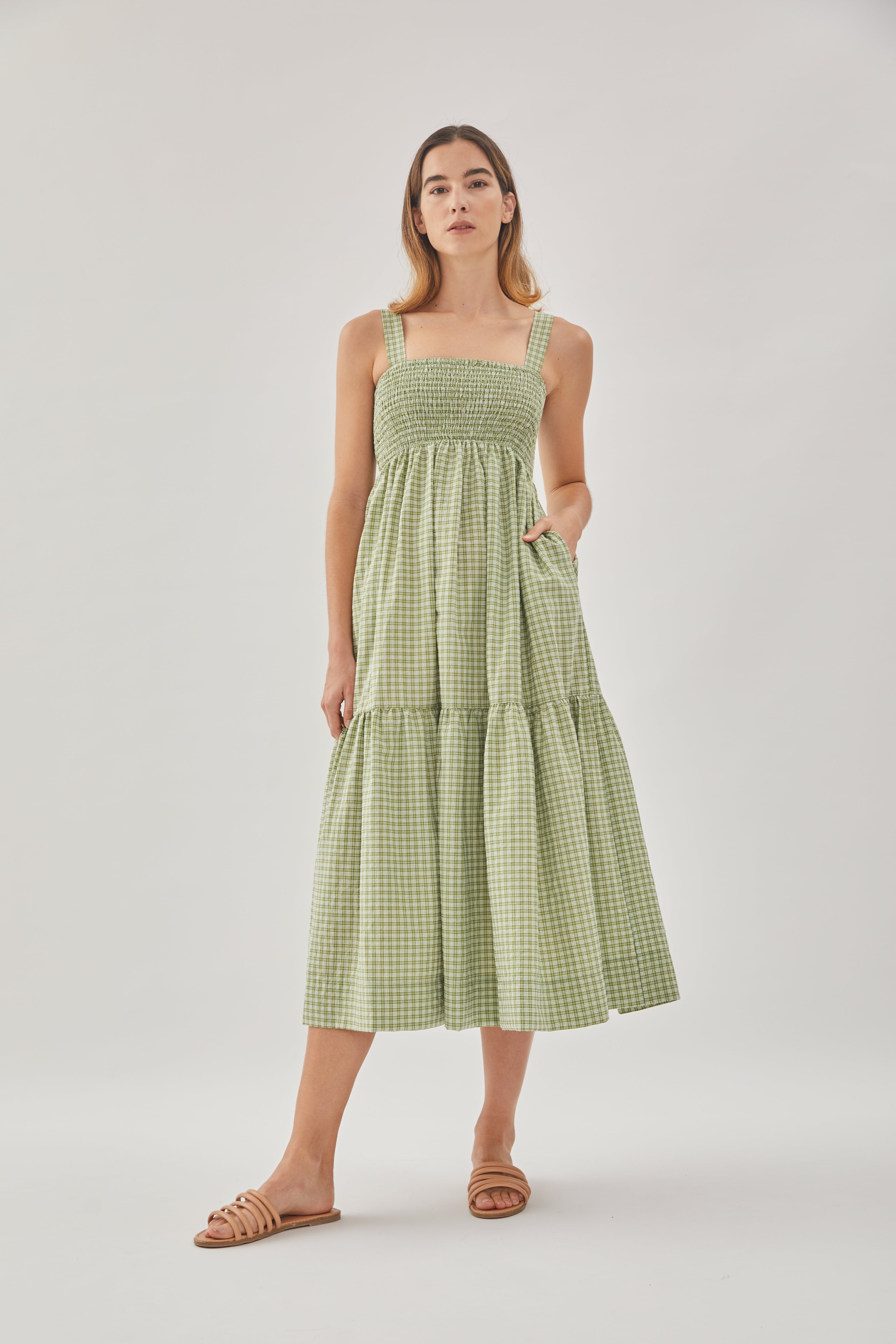 Tiered Sleeveless Shirring Dress in Gingham Fern