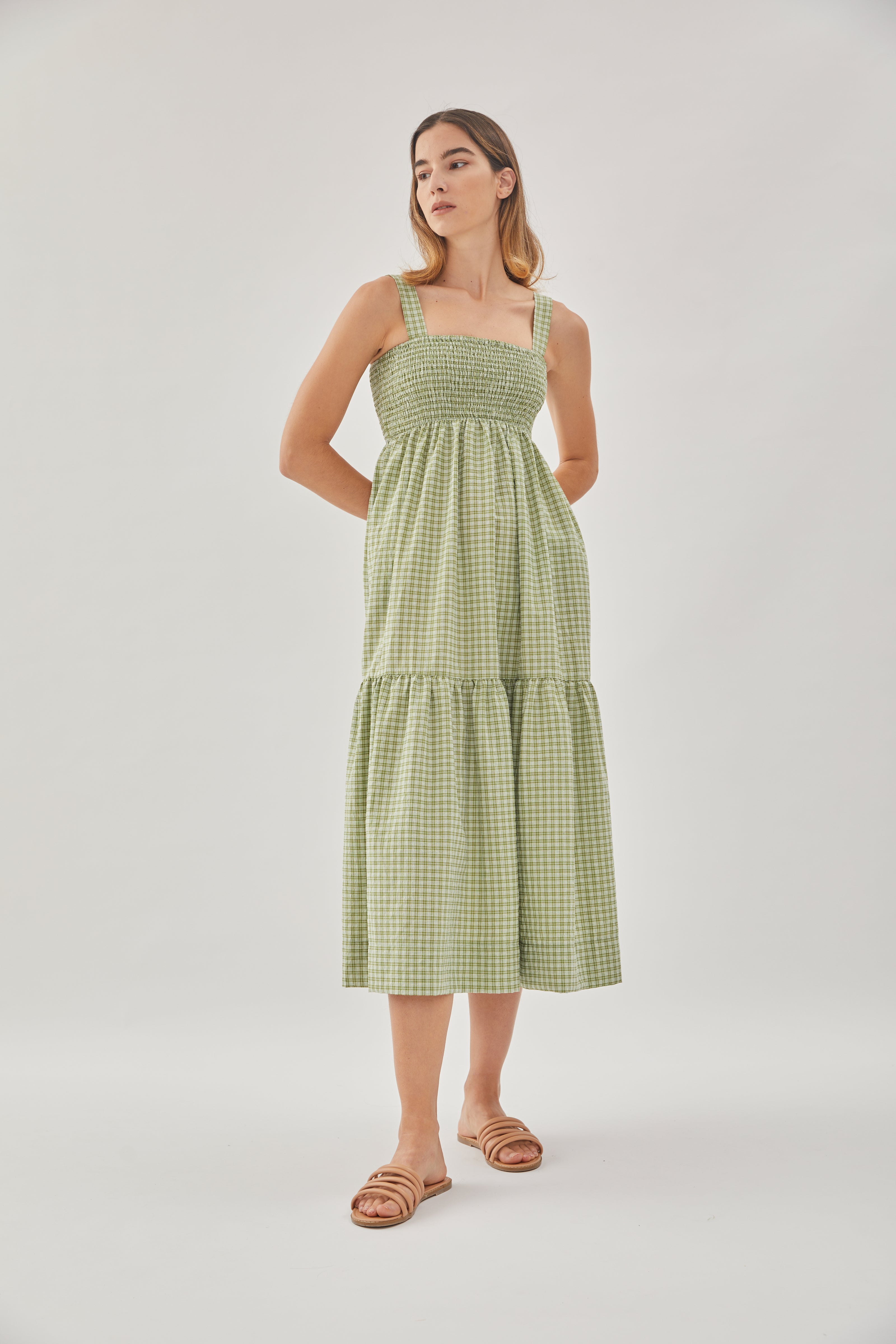 Tiered Sleeveless Shirring Dress in Gingham Fern