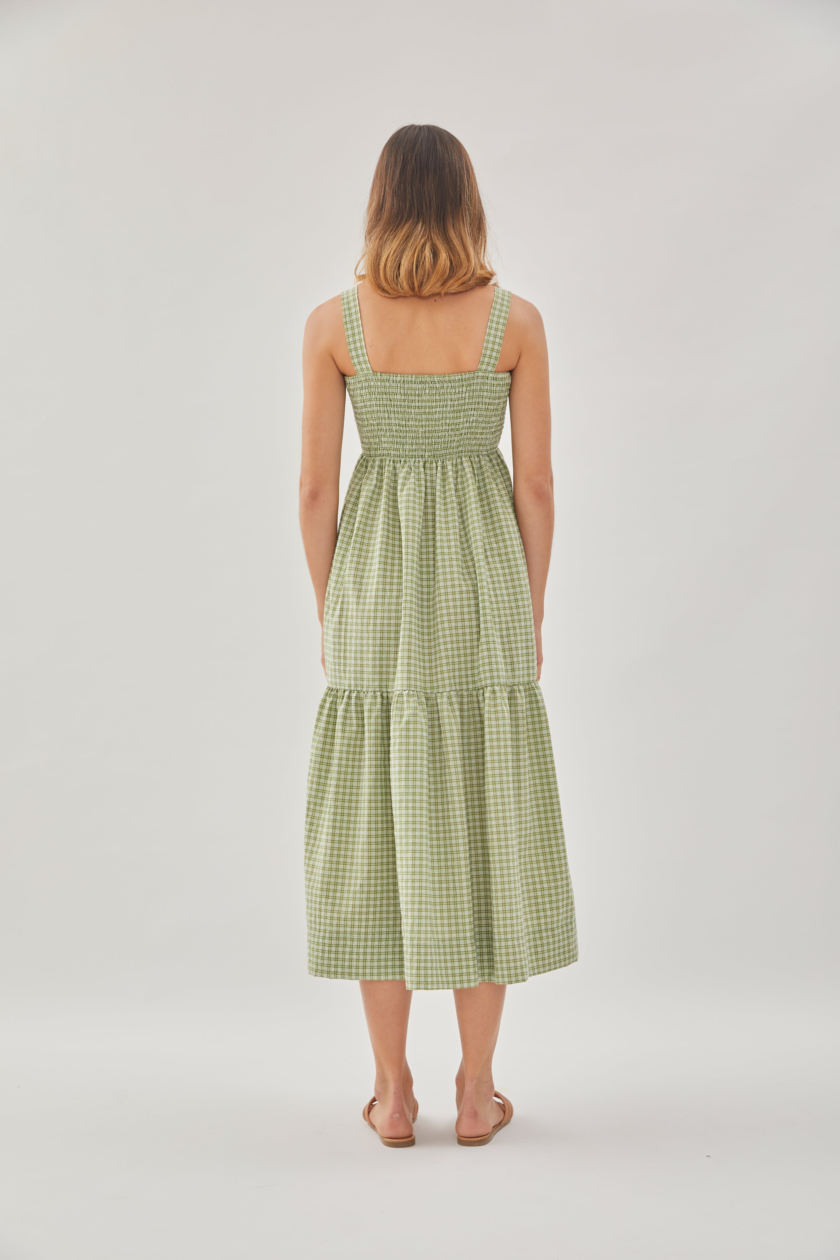 Tiered Sleeveless Shirring Dress in Gingham Fern