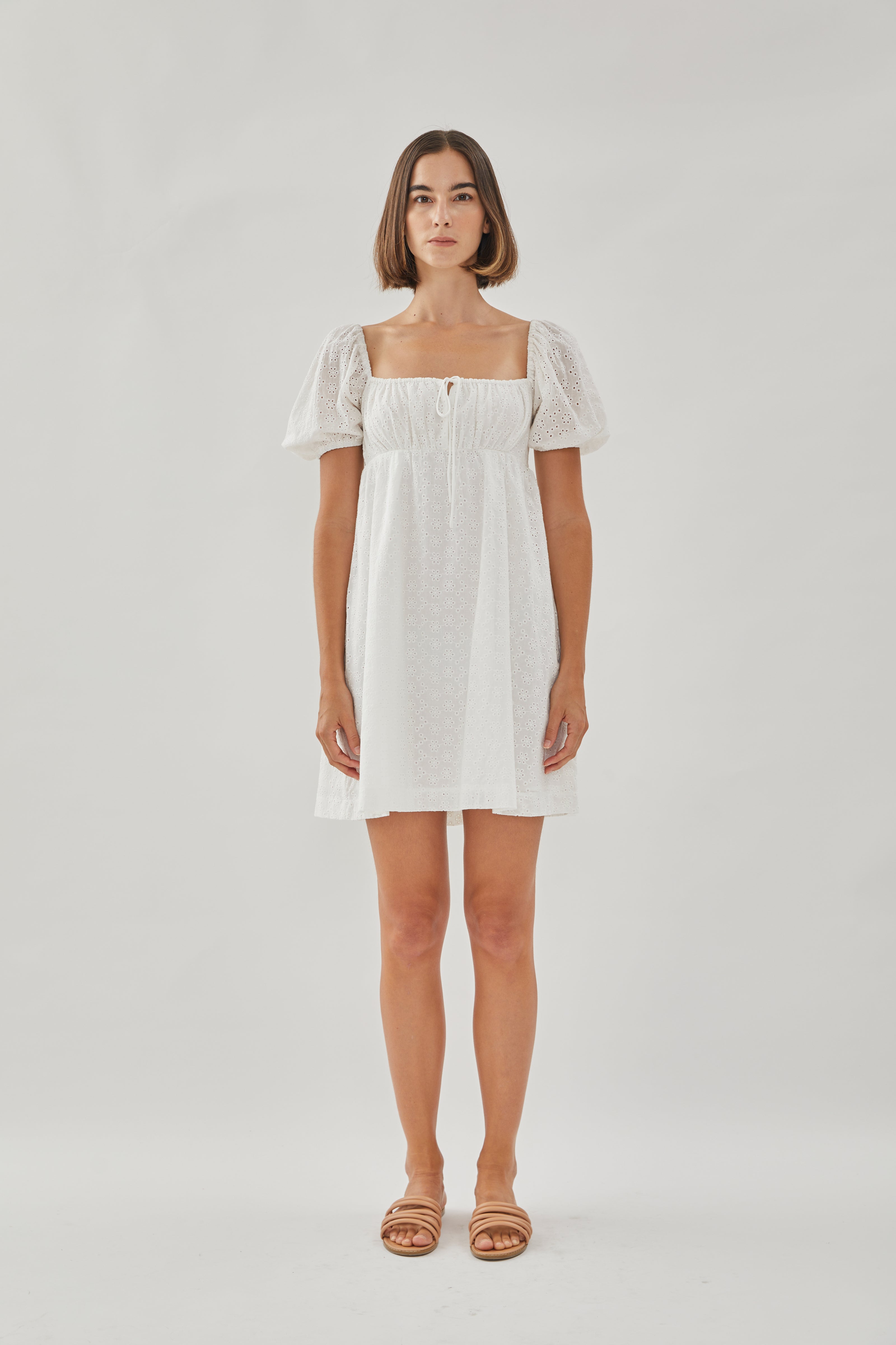 Tie-front Mini Dress in Embroidered Cotton