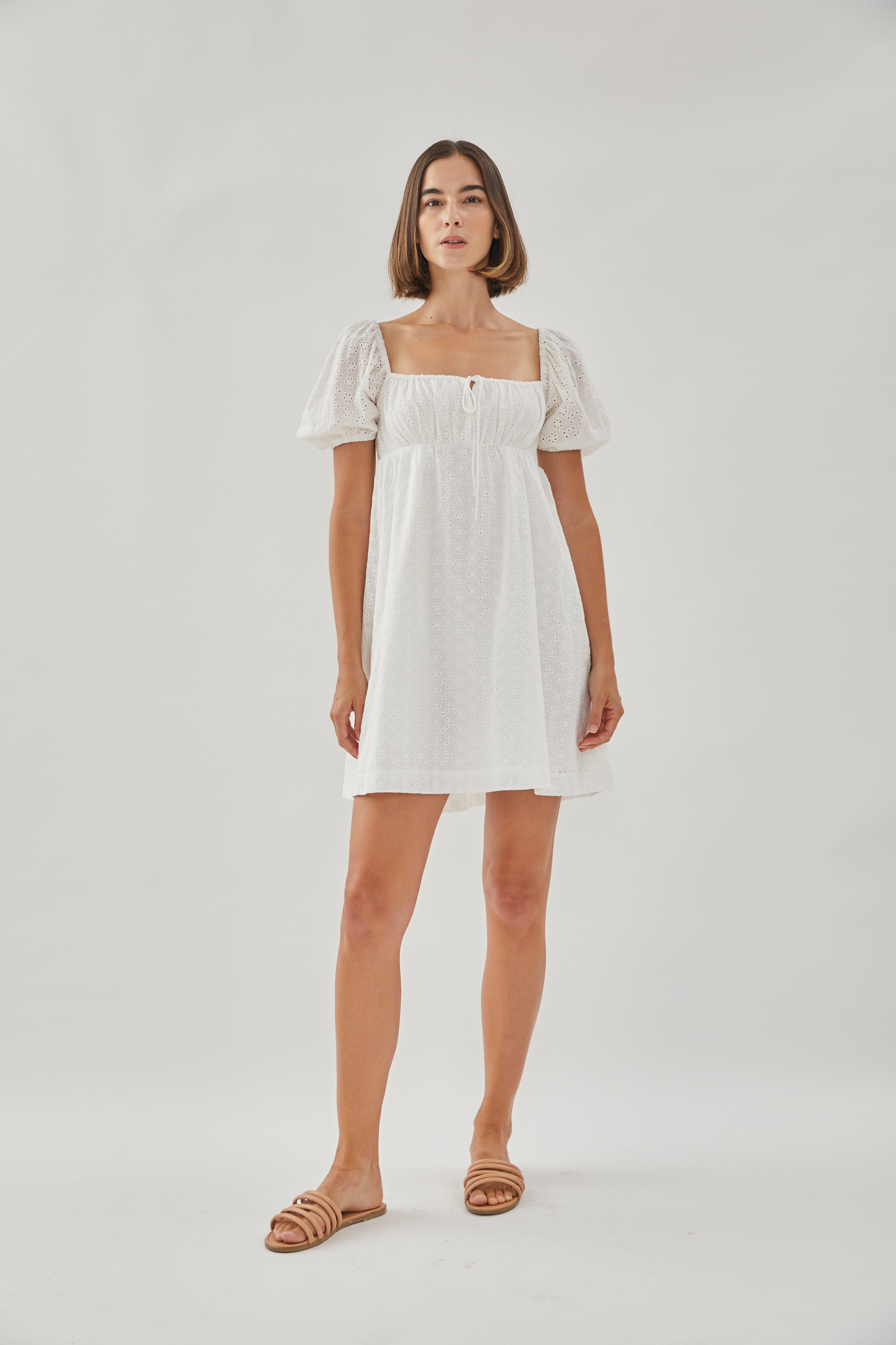 Tie-front Mini Dress in Embroidered Cotton