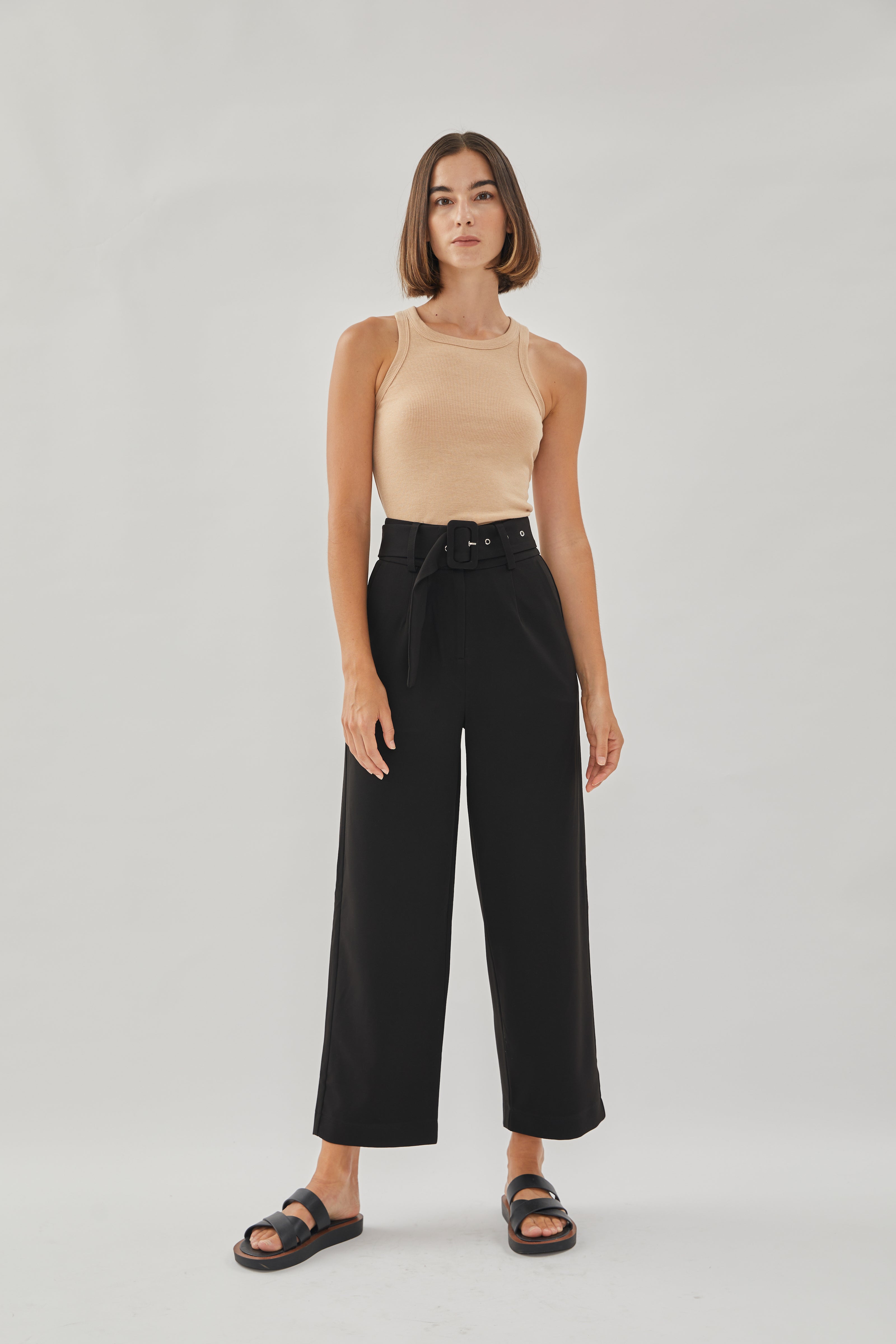 High Waisted Belted Trousers in Black