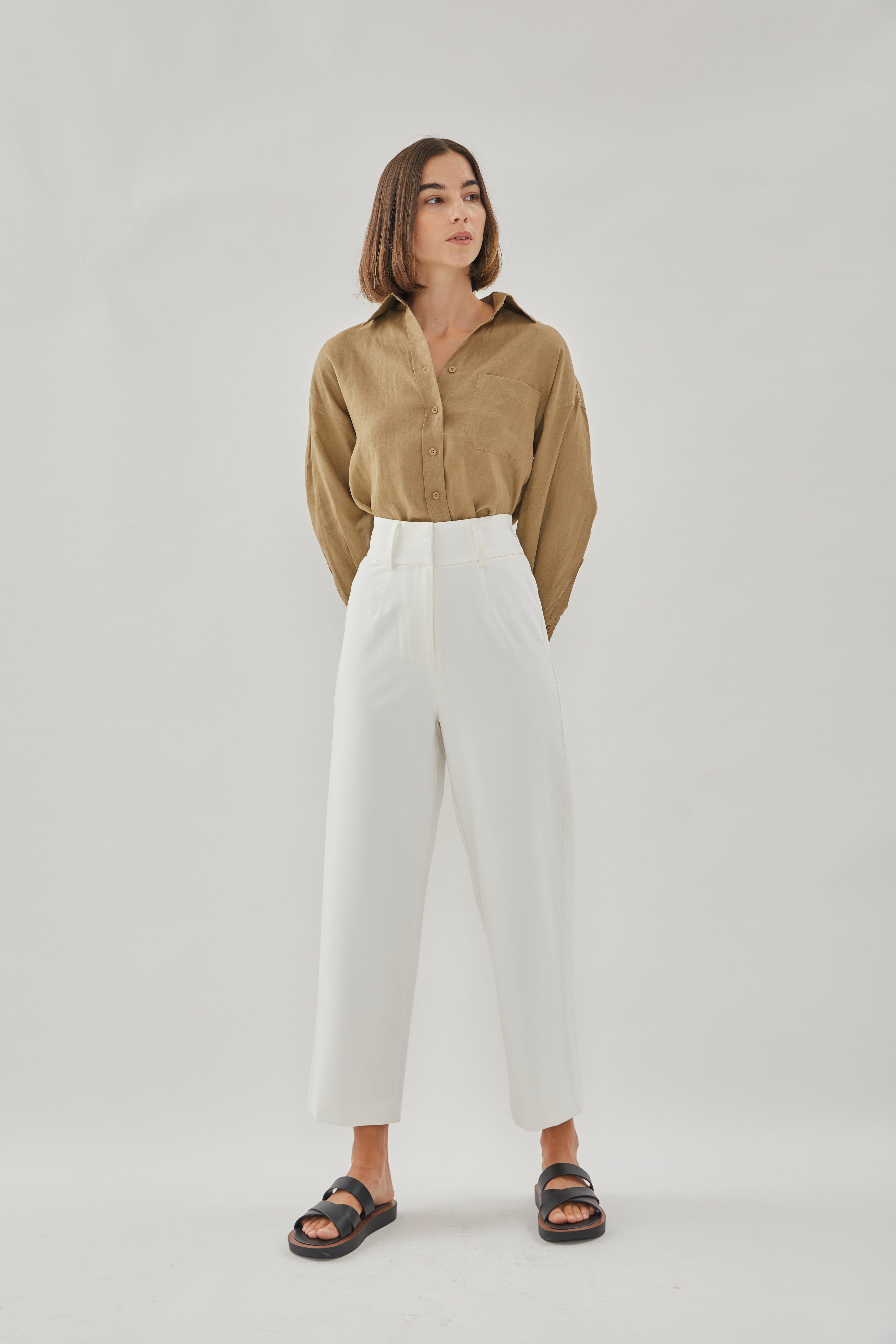 High Waisted Belted Trousers in White