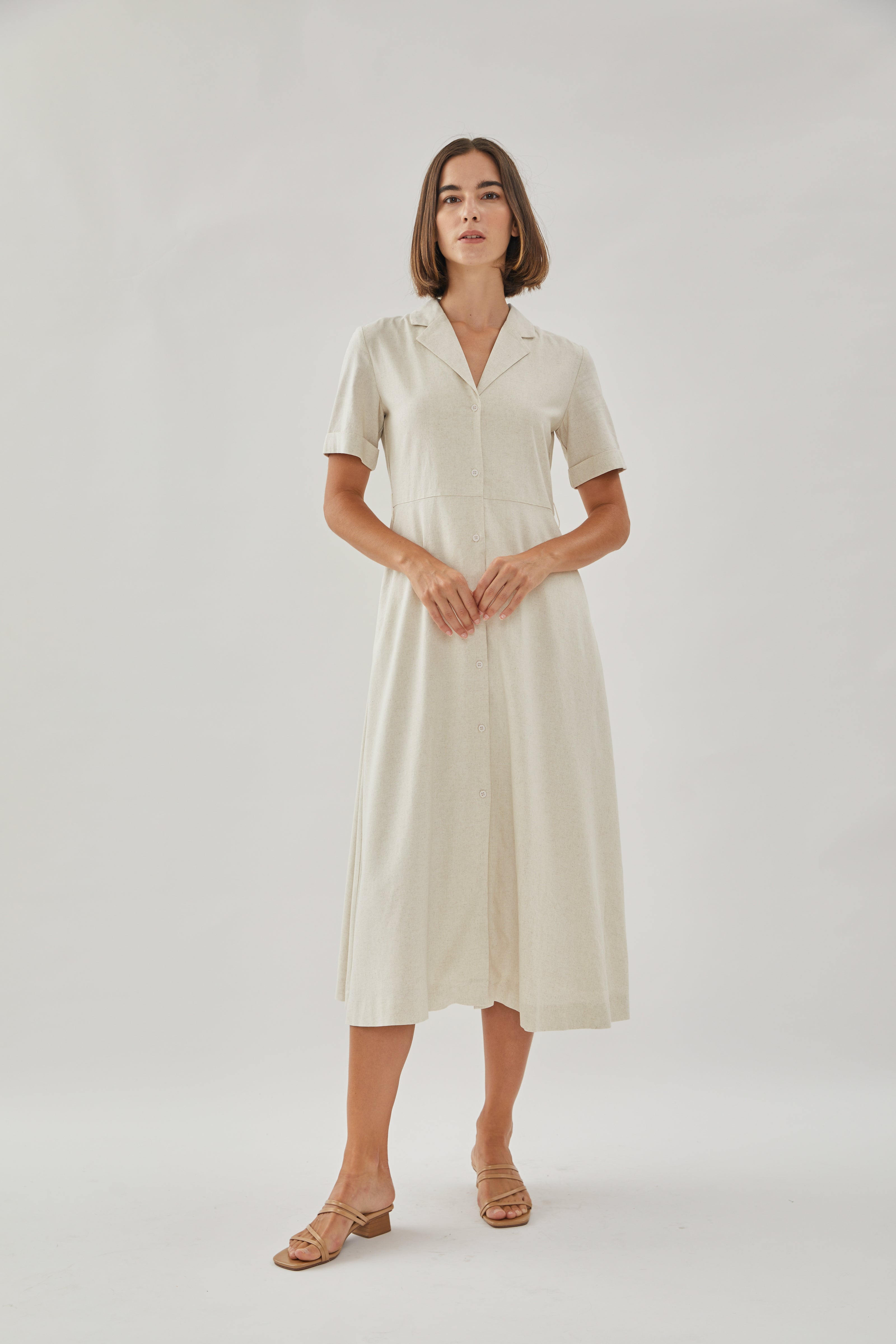 Collared Linen Midi Dress in Natural